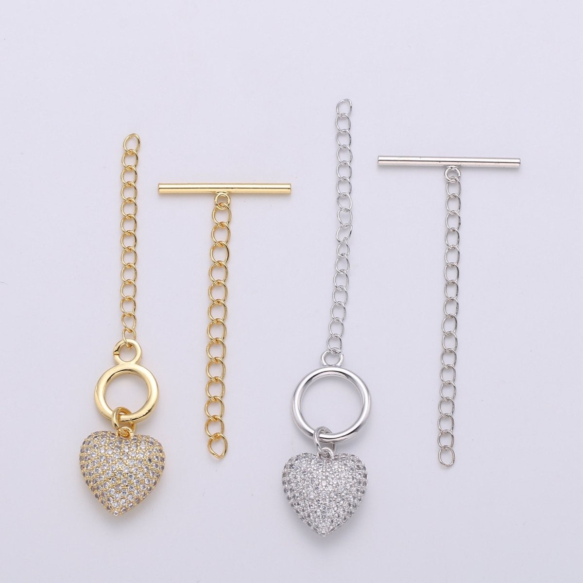 14K Gold Filled Toggle Clasp with CZ On Charm, 22mmx10mm Heart Charm and 10mmx2mm Bar. Extender Chain is 35mm 1.5inches You Can Cut K-454 K-455