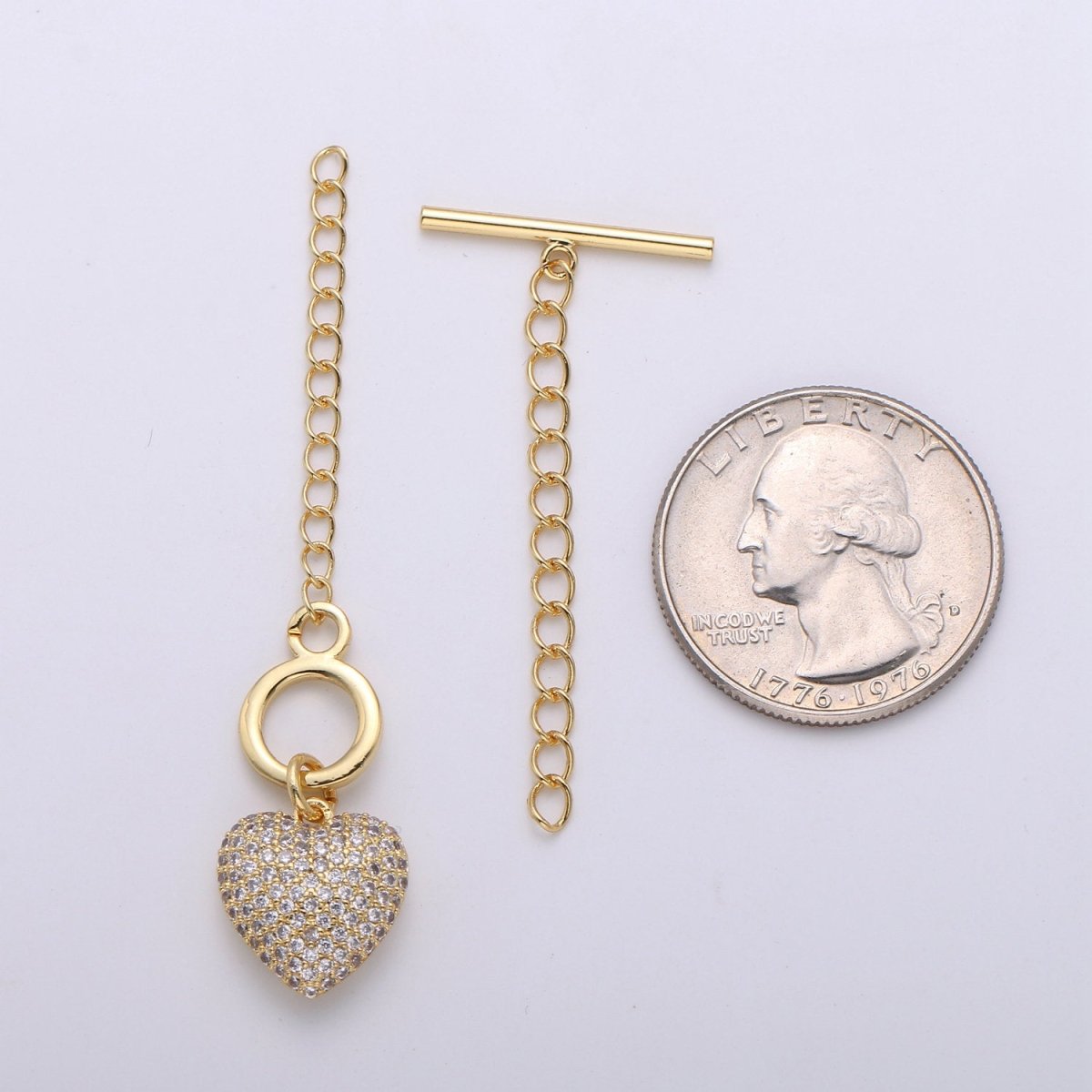 14K Gold Filled Toggle Clasp with CZ On Charm, 22mmx10mm Heart Charm and 10mmx2mm Bar. Extender Chain is 35mm 1.5inches You Can Cut K-454 K-455