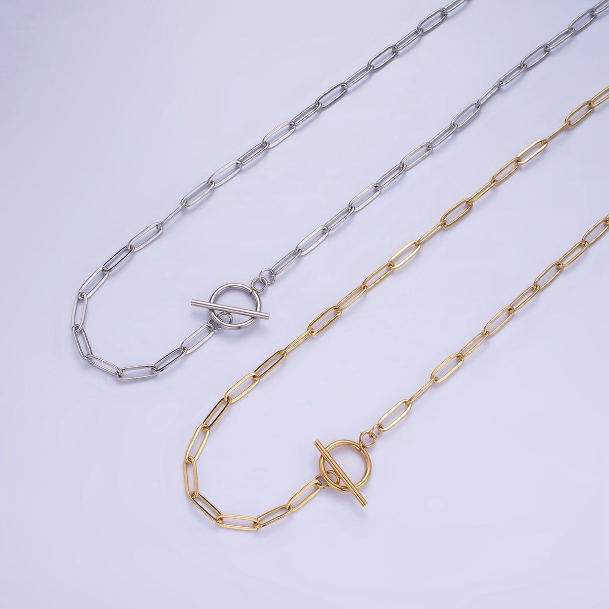 Stainless Steel Toggle Clasps Paperclip Chain 19 Inch Necklace w. 2 Inch Extender in Gold & Silver | WA-2492 WA-2493