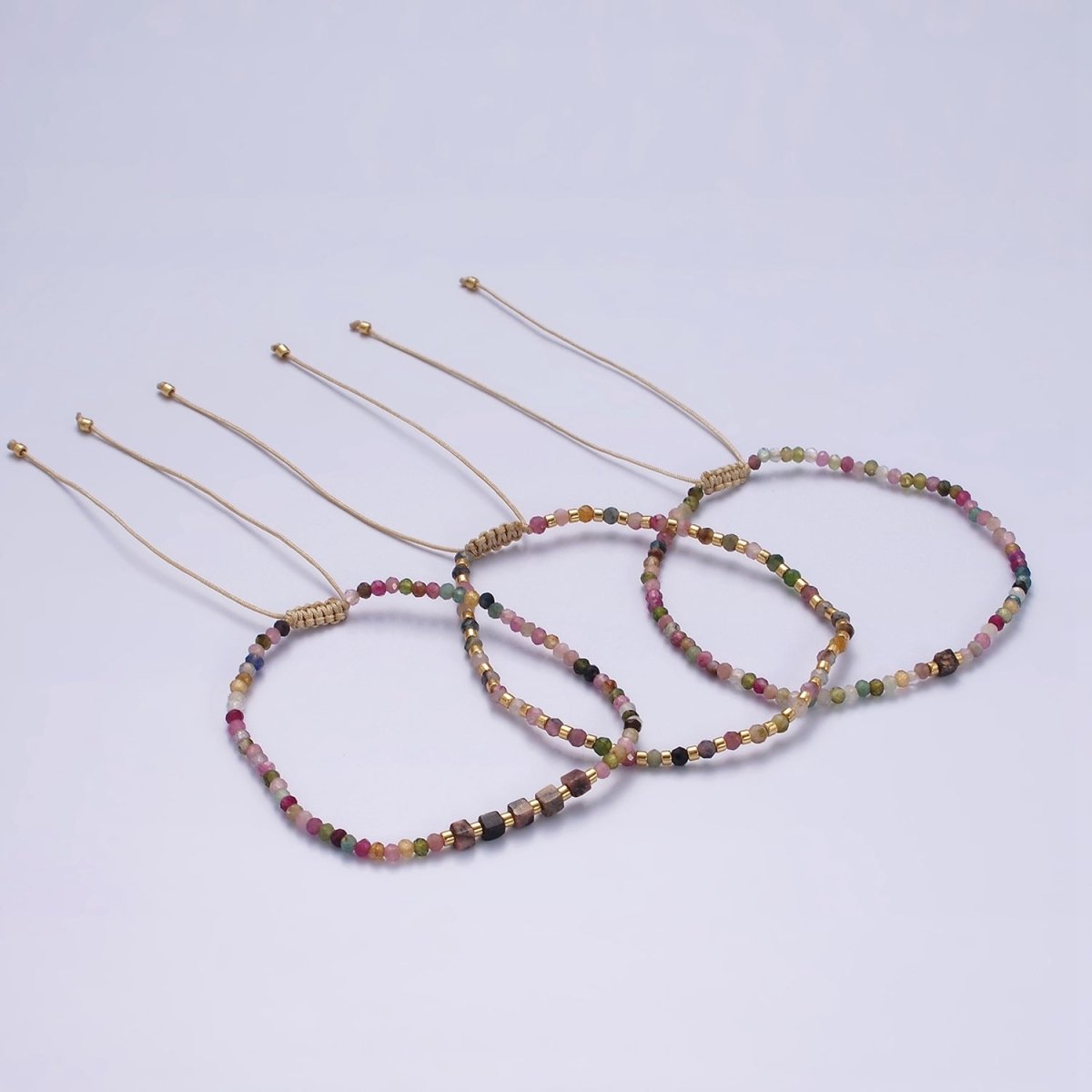 14K Gold Filled Tourmaline Multifaceted Cream Rope Adjustable Friendship Bracelet | WA-2170 - WA-2168 Clearance Pricing