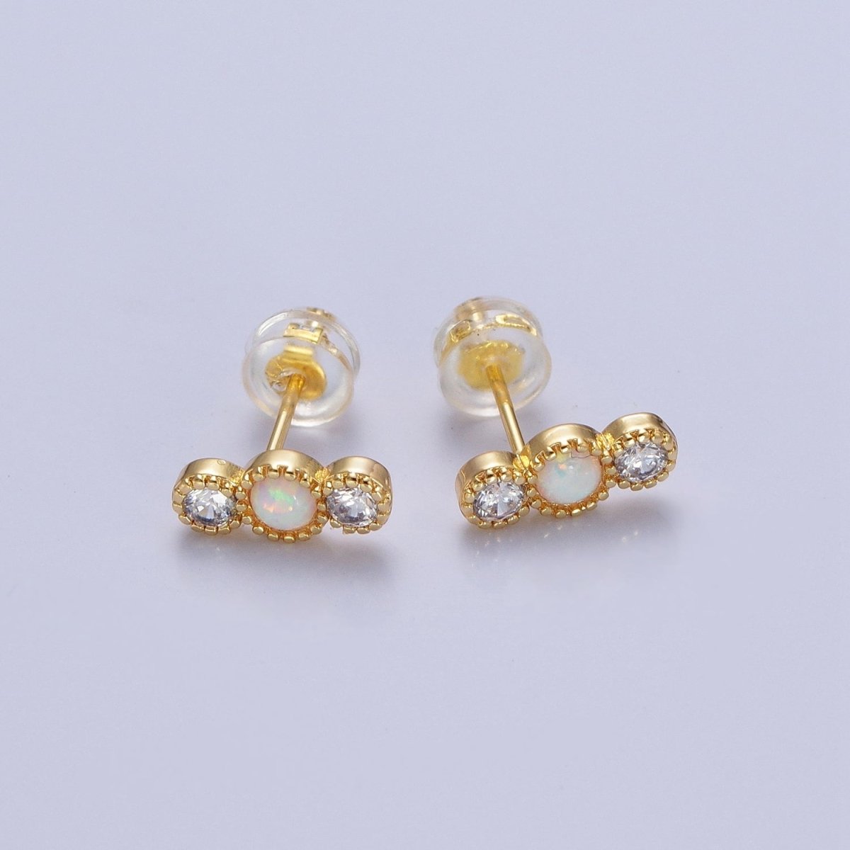 14K Gold Filled Triple Round White Opal Clear Cubic Zirconia Stud Earrings | AD-087