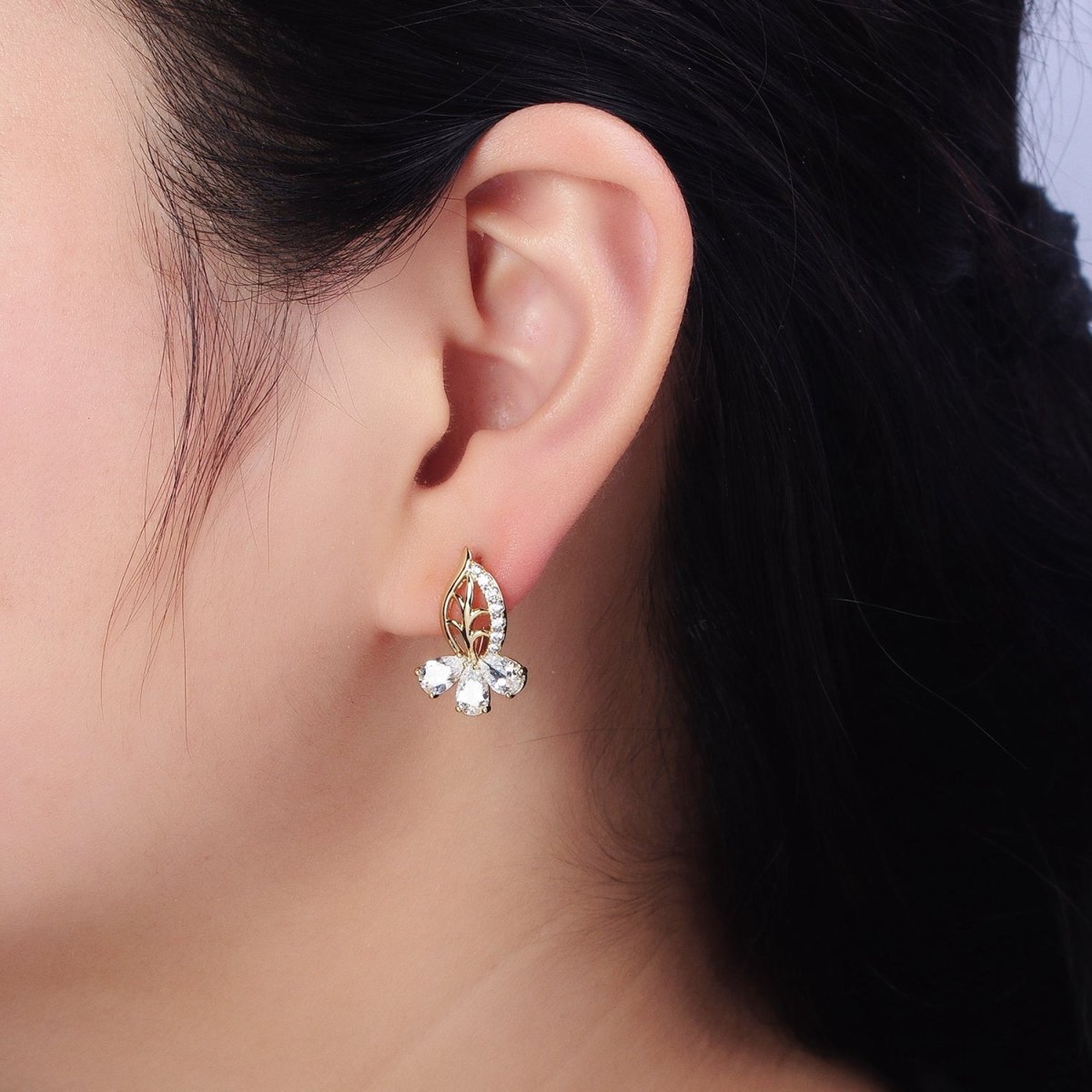 14K Gold Filled Triple Teardrop Micro Paved CZ Leaf English Lock Earrings | AD1438 - DLUXCA