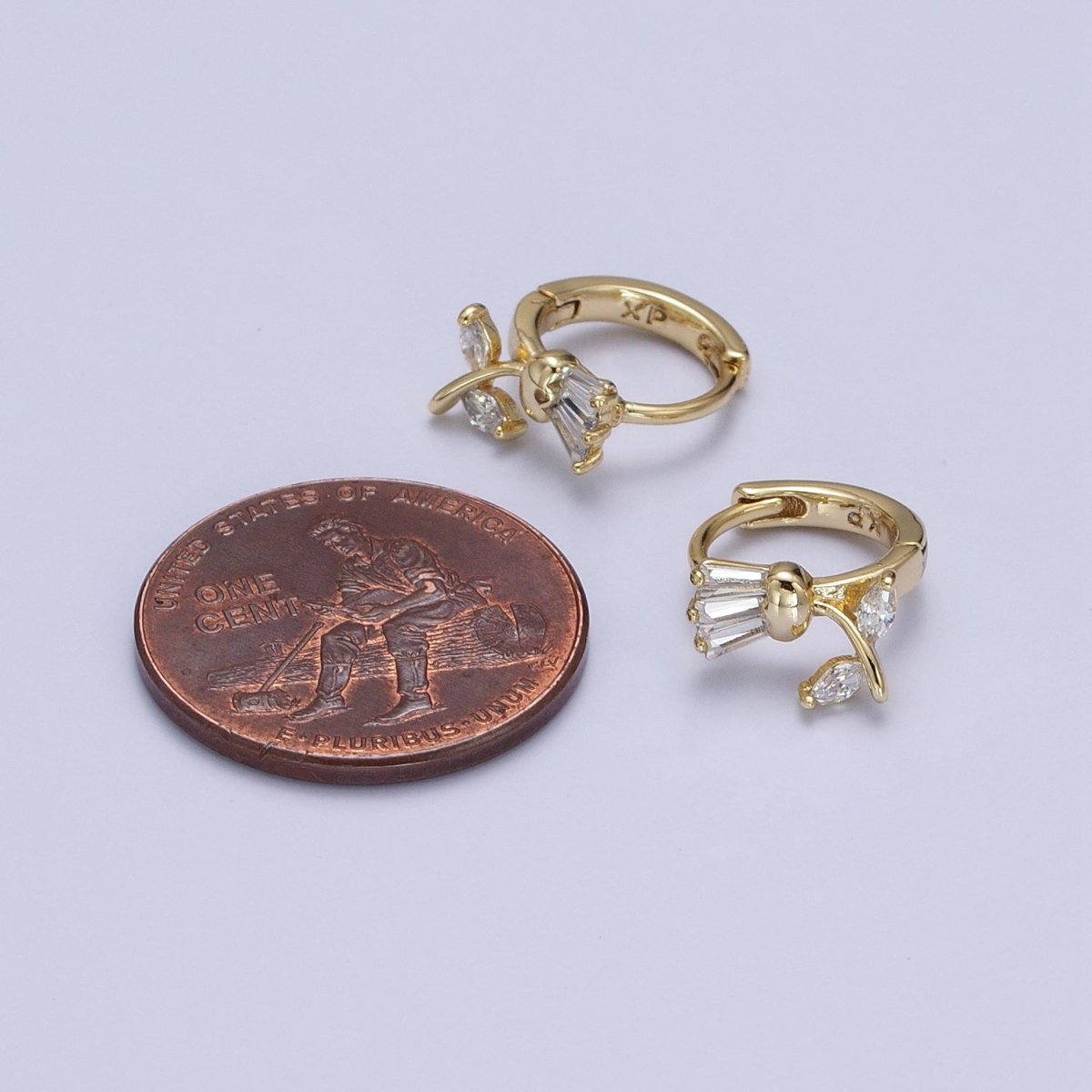 14K Gold Filled Tulip Flower Clear CZ Triple Baguette Micro Paved Cartilage Huggie Earrings | AD1382 - DLUXCA