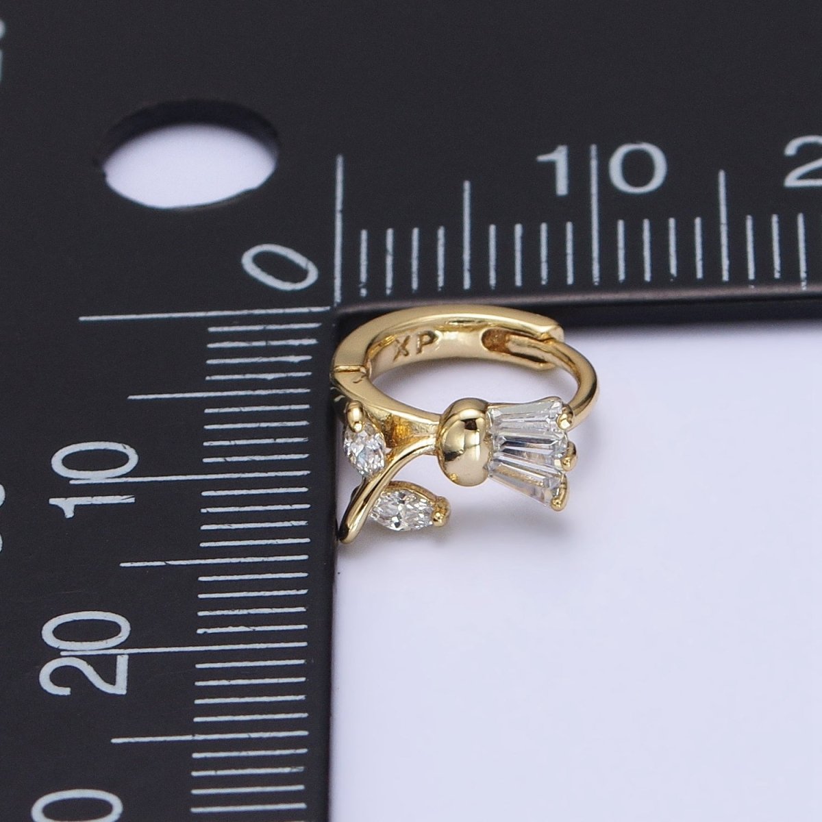 14K Gold Filled Tulip Flower Clear CZ Triple Baguette Micro Paved Cartilage Huggie Earrings | AD1382 - DLUXCA