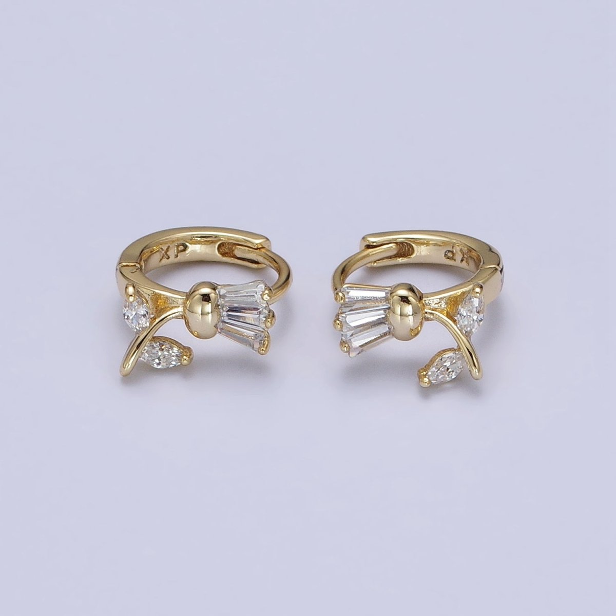 14K Gold Filled Tulip Flower Clear CZ Triple Baguette Micro Paved Cartilage Huggie Earrings | AD1382 - DLUXCA