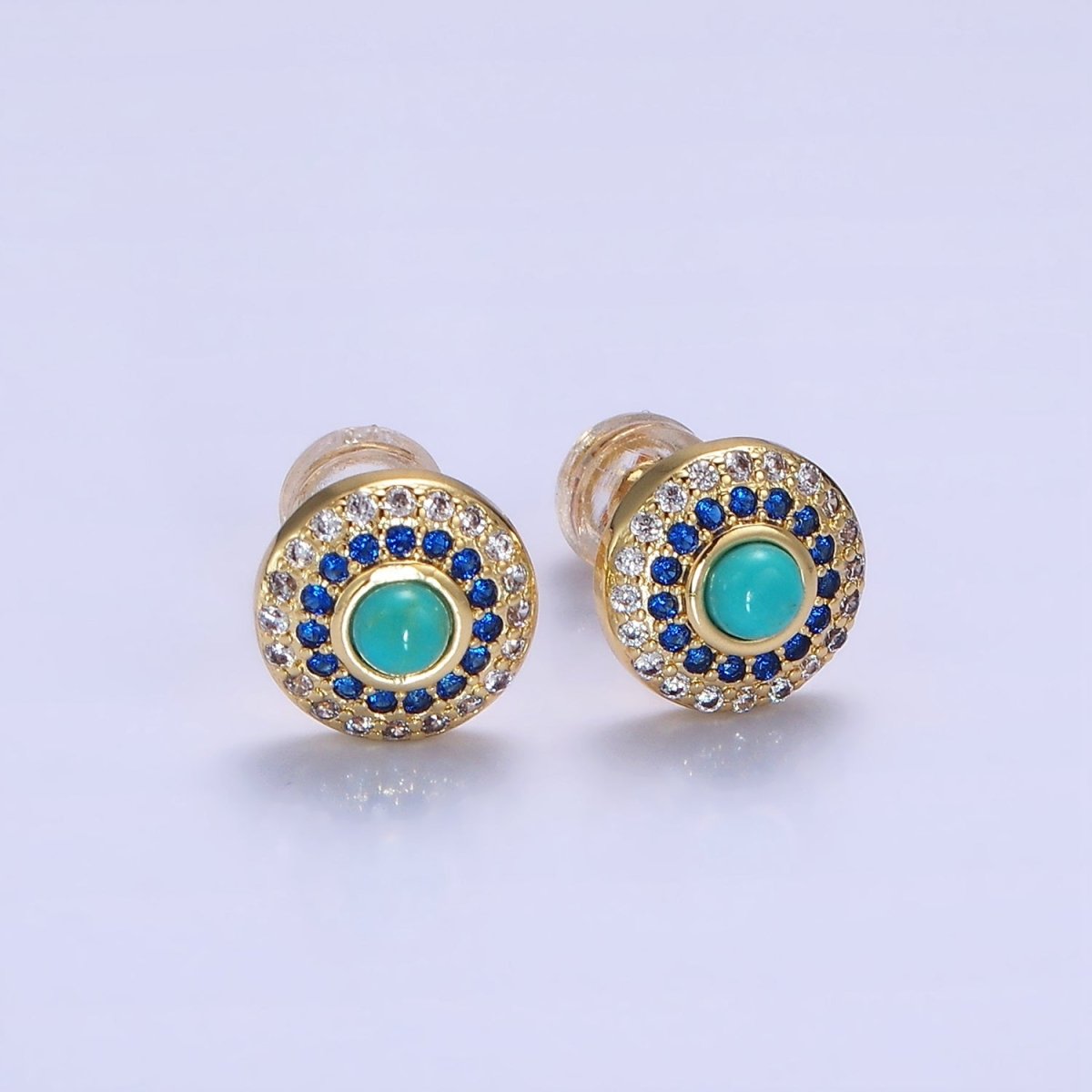 14K Gold Filled Turquoise Gemstone Micro Paved CZ Round Stud | P473 - DLUXCA