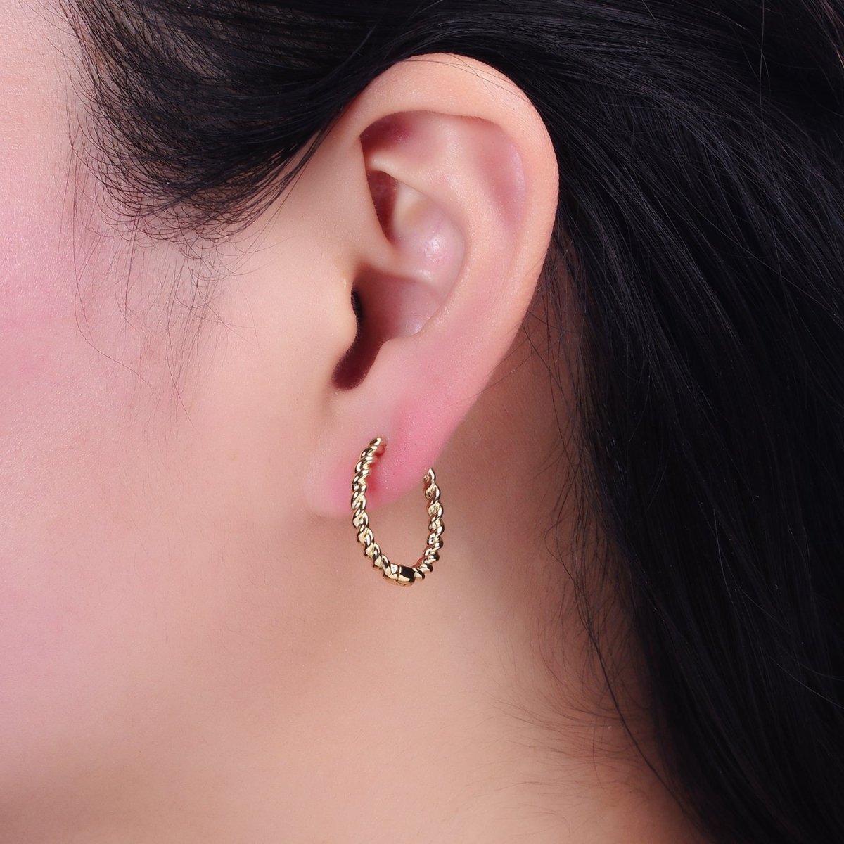 14K Gold Filled Twisted Croissant 20mm Endless Hoop Huggie Earring | AD1420 - DLUXCA