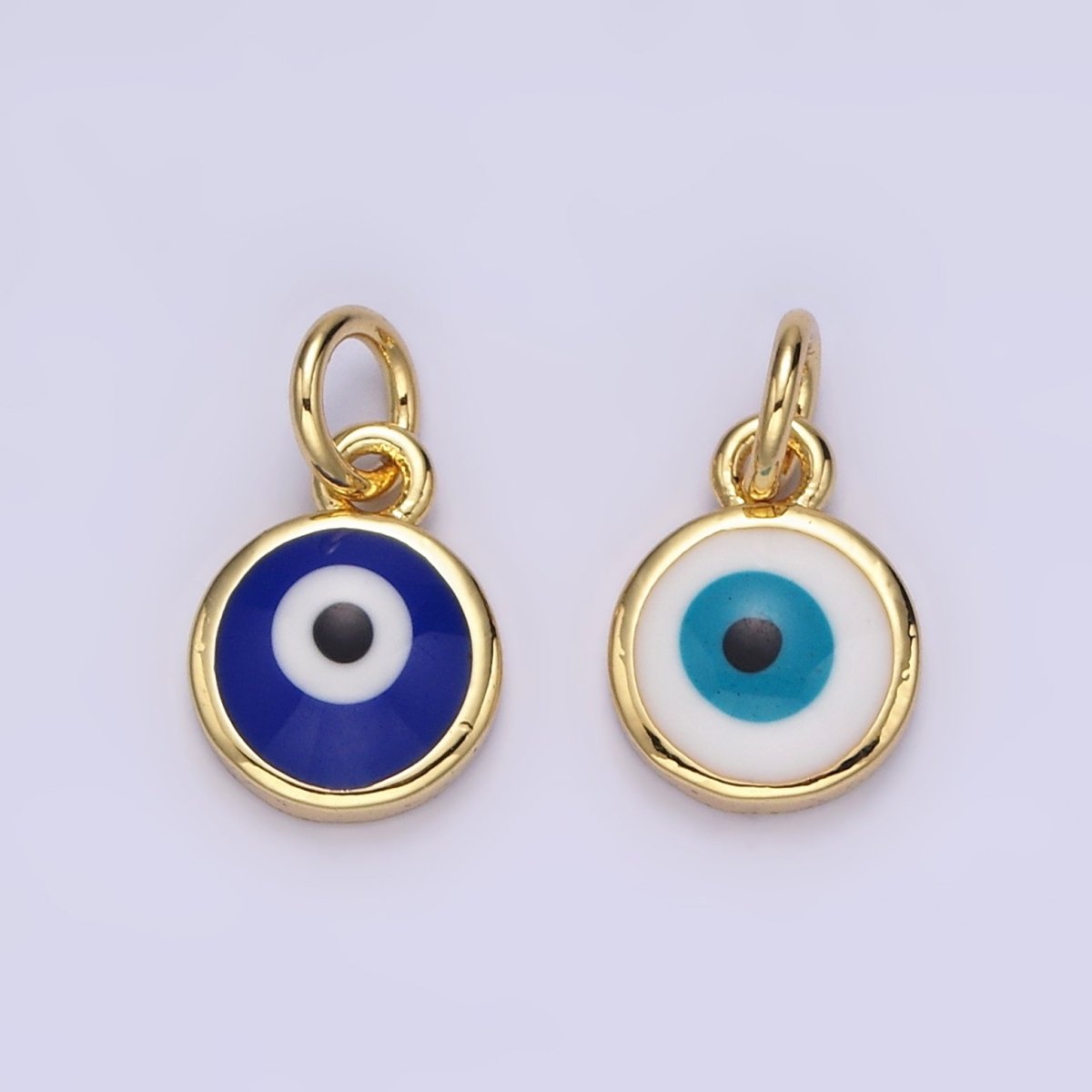 14K Gold Filled White, Blue Evil Eye Enamel 8mm Round Charm | N-1023 N-1024