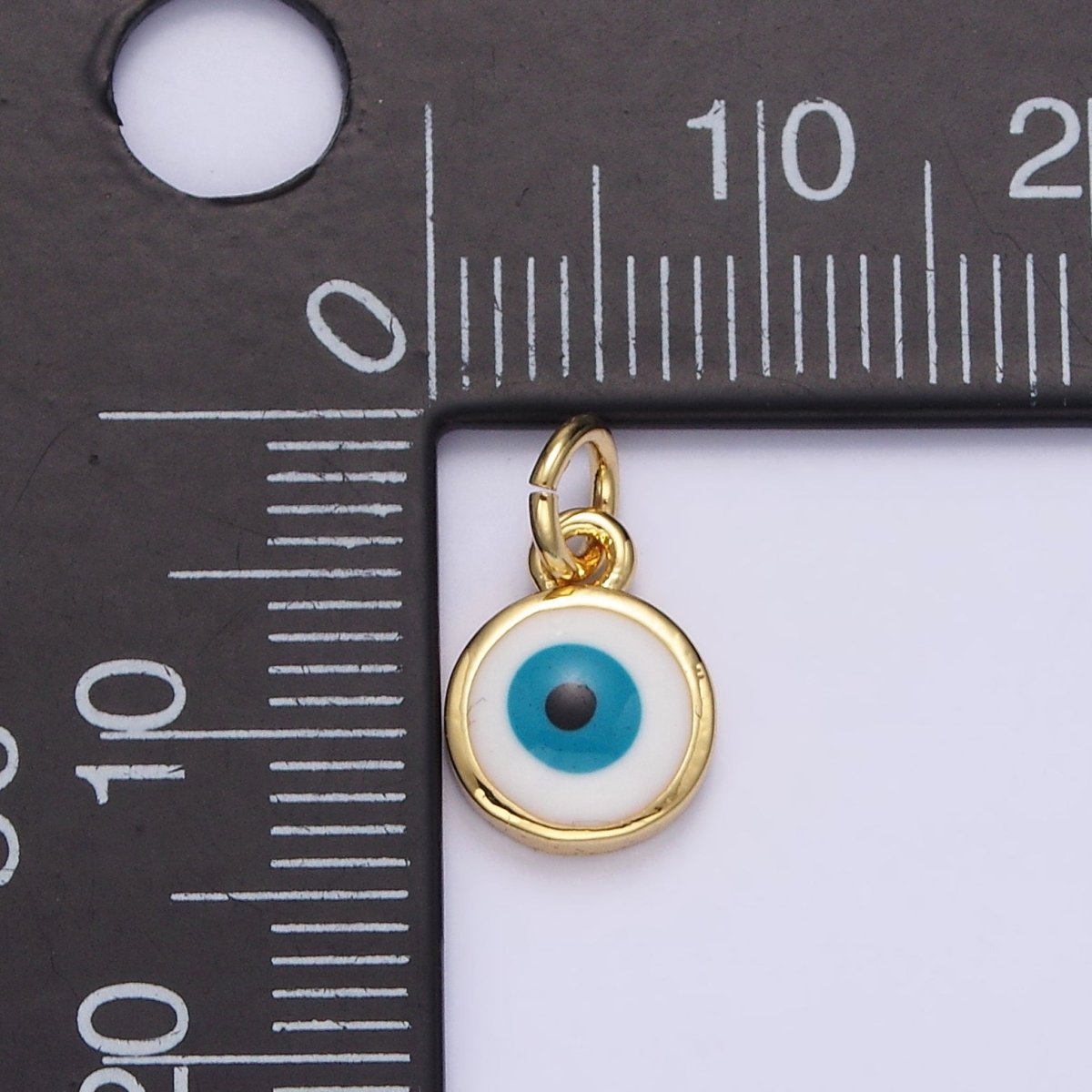 14K Gold Filled White, Blue Evil Eye Enamel 8mm Round Charm | N-1023 N-1024