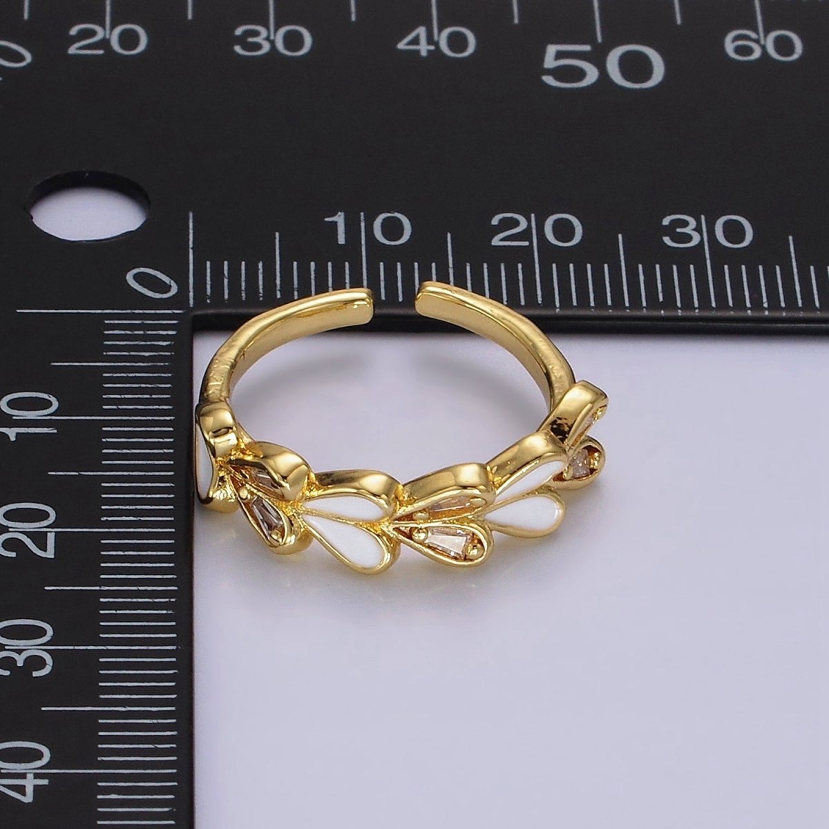 14K Gold Filled White Enamel Baguette Heart Lined Ring | O1172