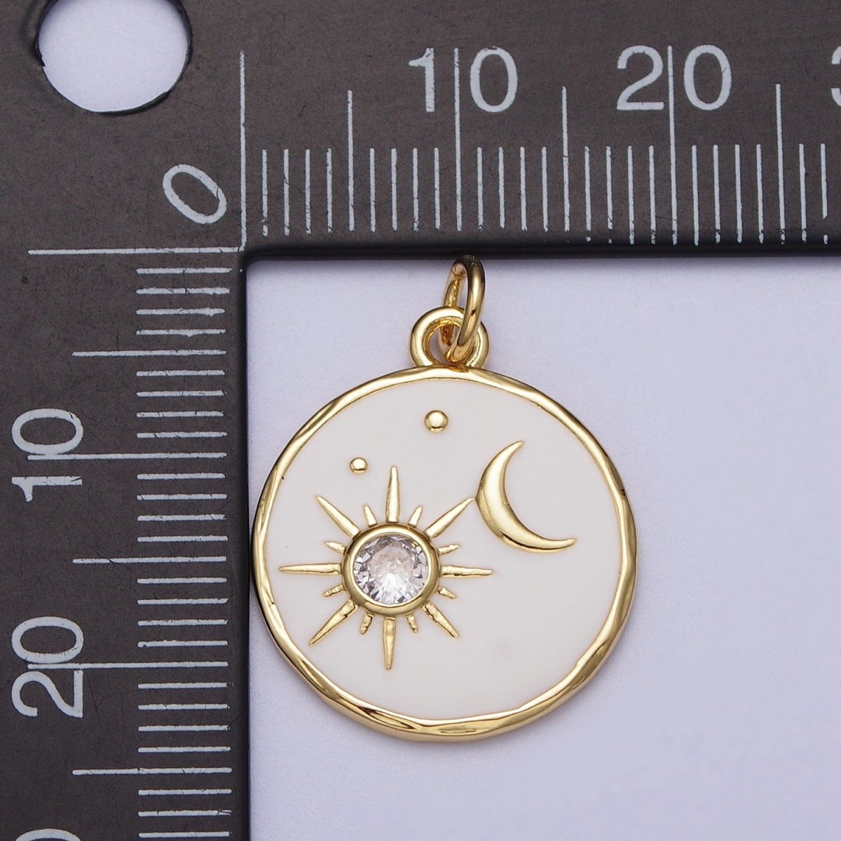 14K Gold Filled White Enamel Celestial Sun Crescent Moon Round Coin Charm E-651 - DLUXCA