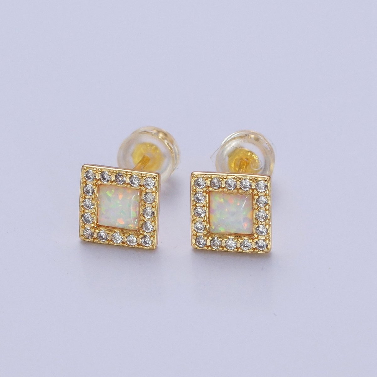14K Gold Filled White Opal Micro Paved CZ Square Stud Earrings | Y-090 - DLUXCA
