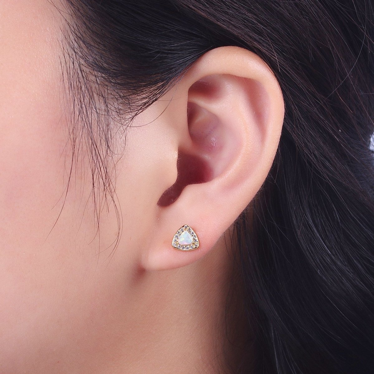 14K Gold Filled White Opal Micro Paved CZ Triangle Stud Earrings | Y-086 - DLUXCA