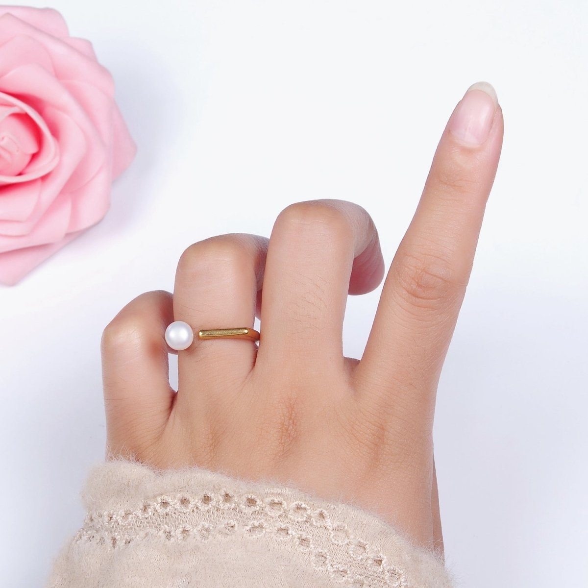 14K Gold Filled White, Pink Pearl Open Wrap Flat Signet Ring in Gold & Silver | O648 - O651