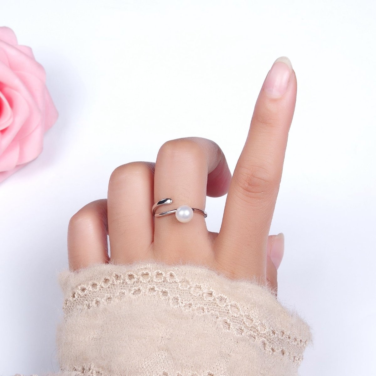 14K Gold Filled White, Pink Pearl Wrap Open Band Minimalist Ring in Silver & Gold | O676 - O679