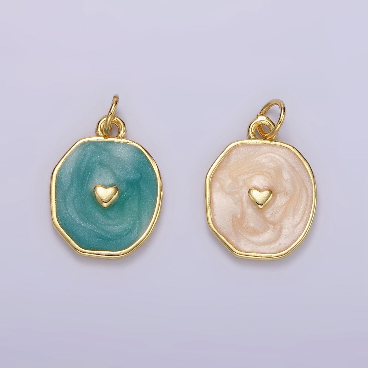 14K Gold Filled White, Teal Sparkly Enamel Heart Oval Charm | N1146 N1147