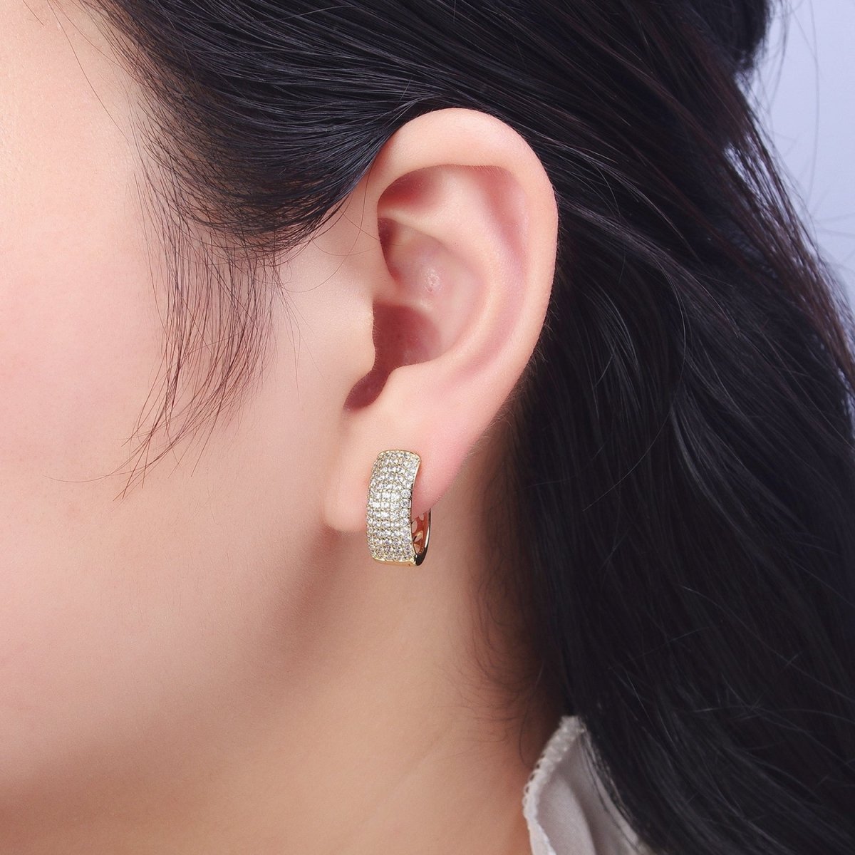 14K Gold Filled Wide Micro Paved CZ Filigree Curved Hoop Earrings | Y072 - DLUXCA