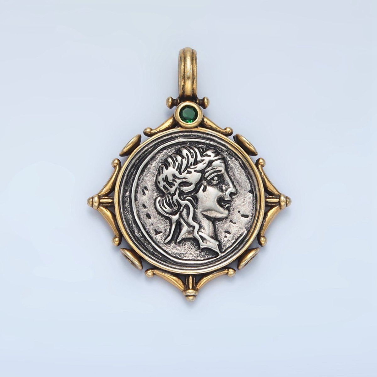 14K Gold Filled Women Portrait Coin Artisan Rhombus Edged Mixed Metal Pendant | I614 - DLUXCA