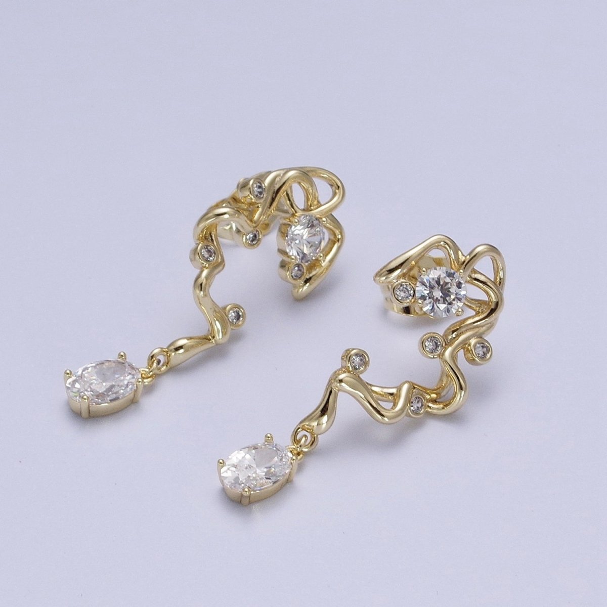 14K Gold Geometric Abstract Round Oval Cubic Zirconia Drop Stud Earrings | Y-062 - DLUXCA