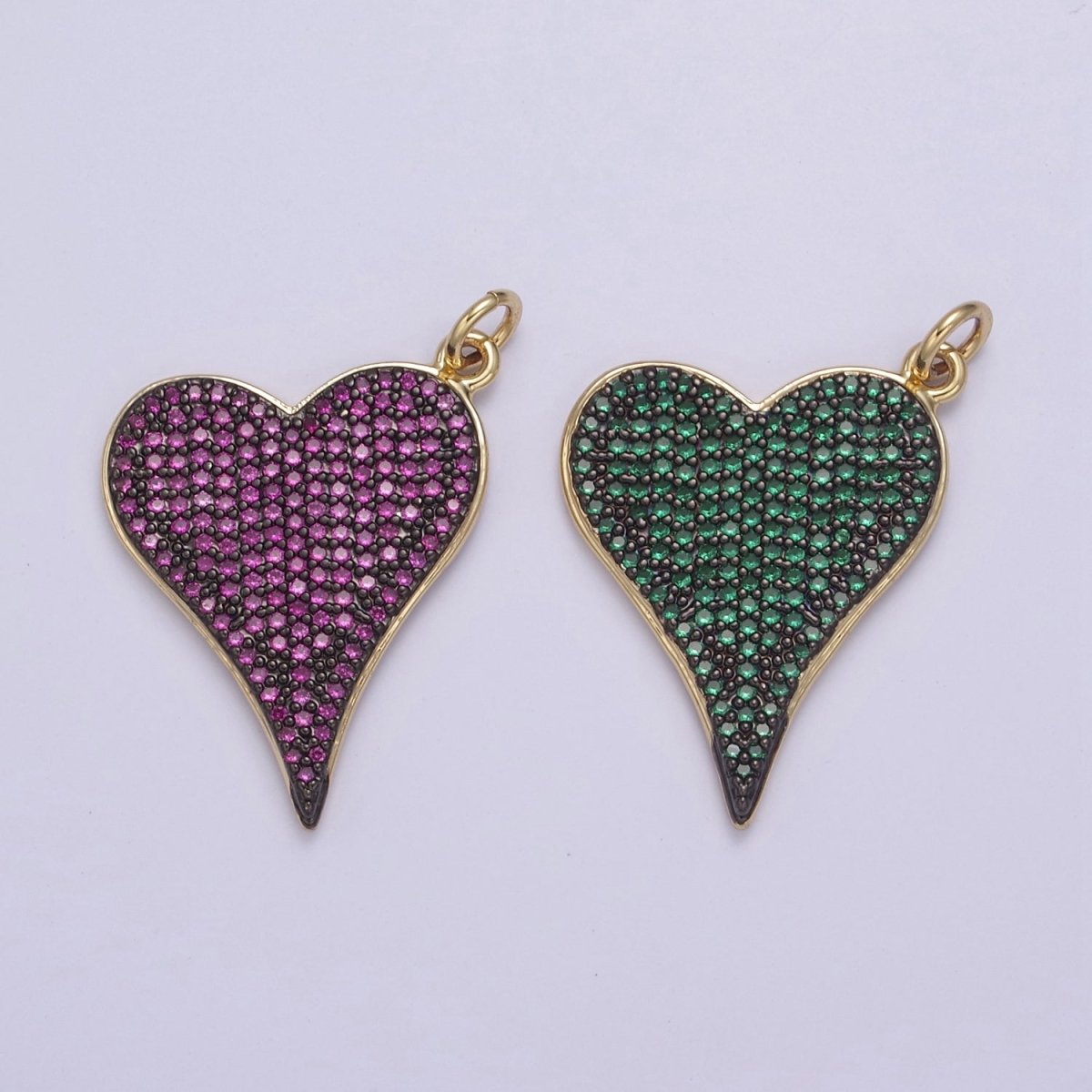 14K Gold Heart Charm Pendant, Green, Pink CZ Micro Pave CZ Heart Charm for bracelet necklace diy jewelry N-796 N-797