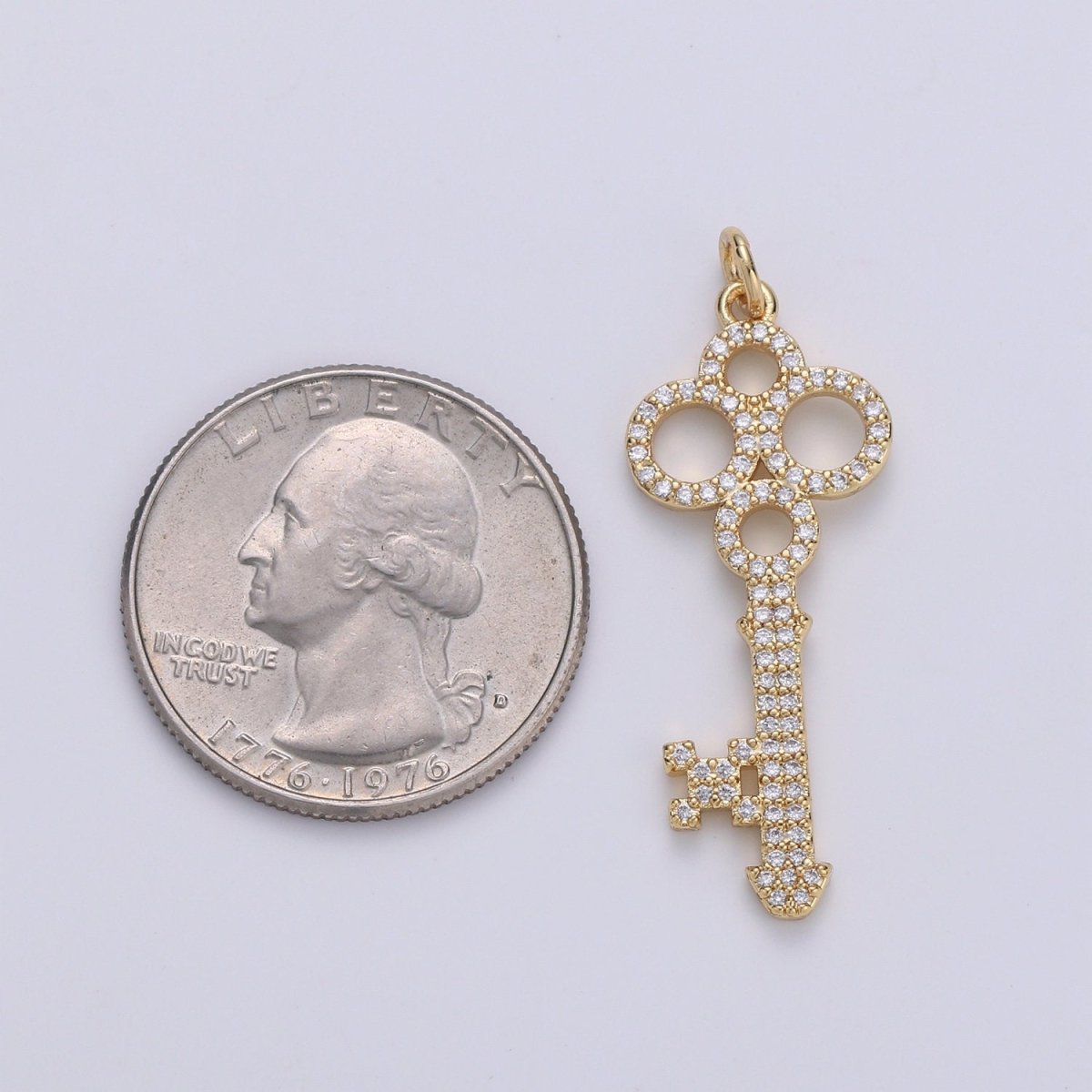 14k Olympic Key Gold Plated Micro Pave Cubic Clover Key Pendant Charm, Micro Pave CZ Key Pendant Charm,For DIY Jewelry E-561 - DLUXCA
