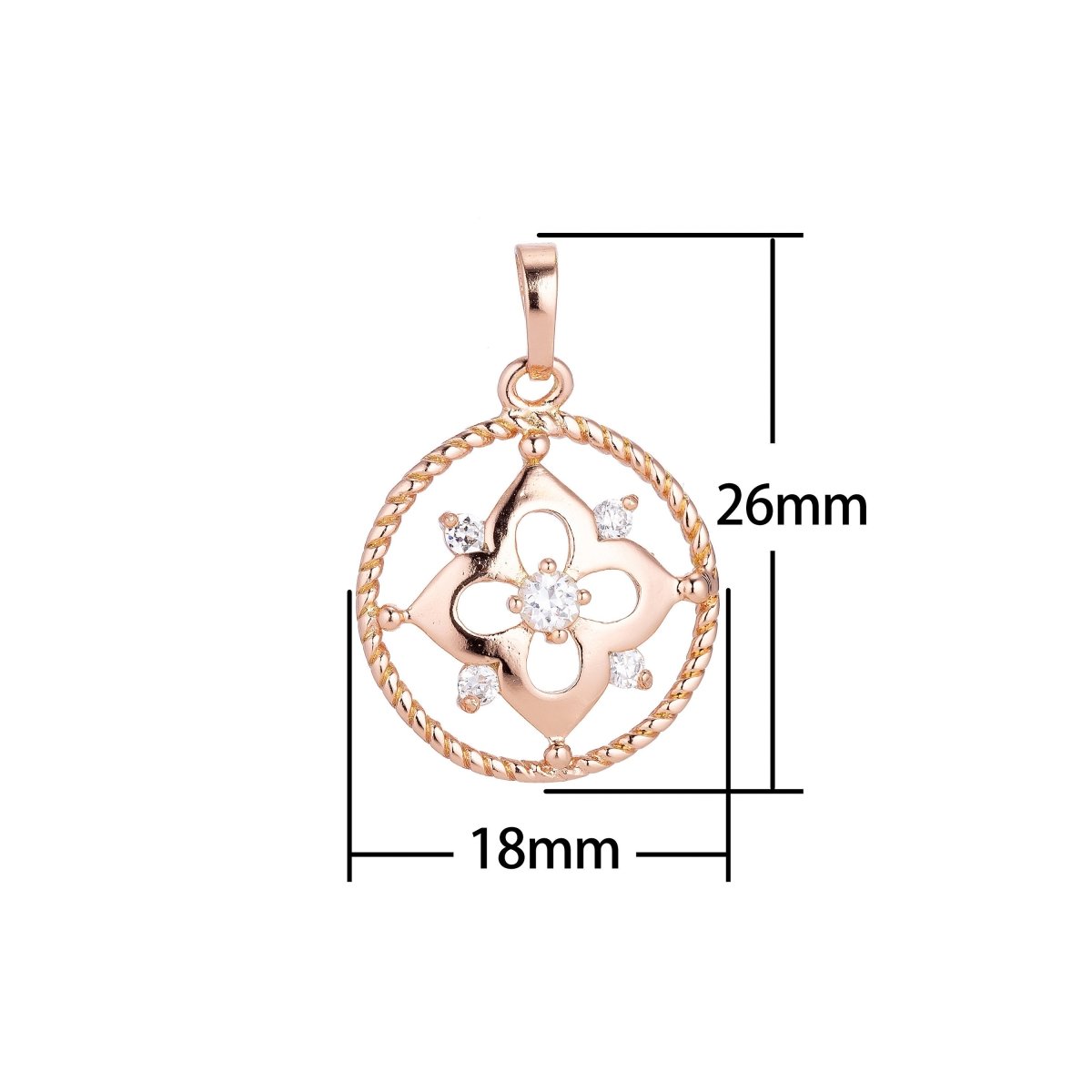 14k Rose Gold Filled Dainty Flower, Cute Circle Wreath, Cubic Zirconia Necklace Pendant Charm Bails Findings for Jewelry Making H-660