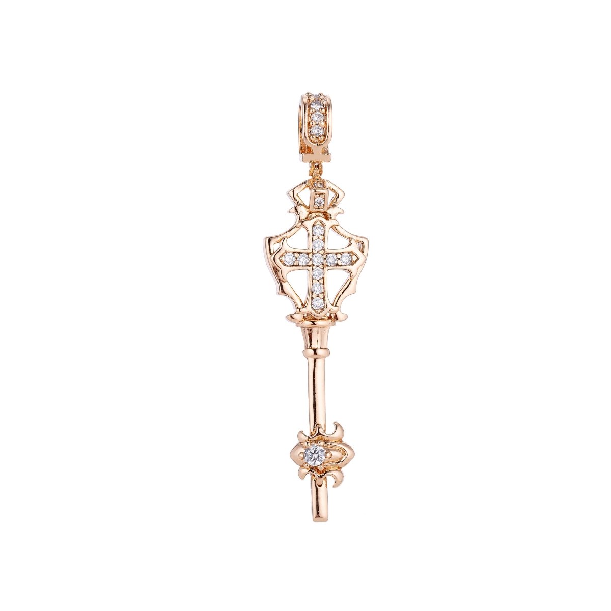 14k Rose Gold Filled Royal Staff Cross, Dainty Wand, Cubic Zirconia Necklace Pendant Charm Bails Findings for Jewelry Making H-661 - DLUXCA