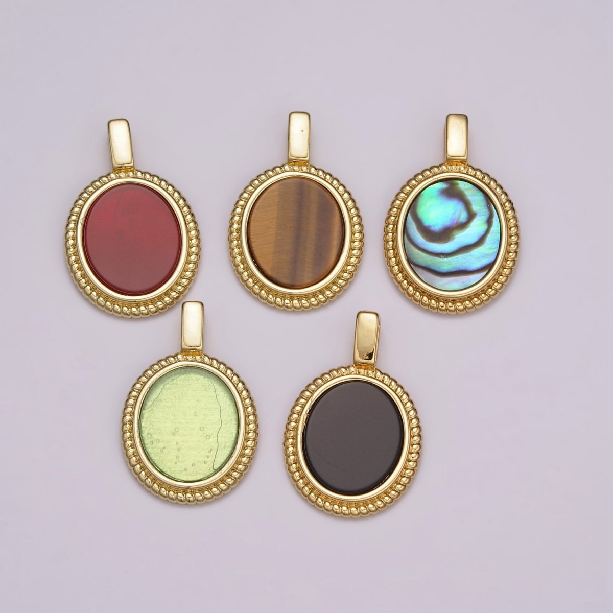 14K Yellow Gold Filled Oval Gemstone Medallion Pendant Abalone, Tiger Eye, Carnelian, Black ,Green Agate for Vintage Classic Minimalist Jewelry N-478 - N-482