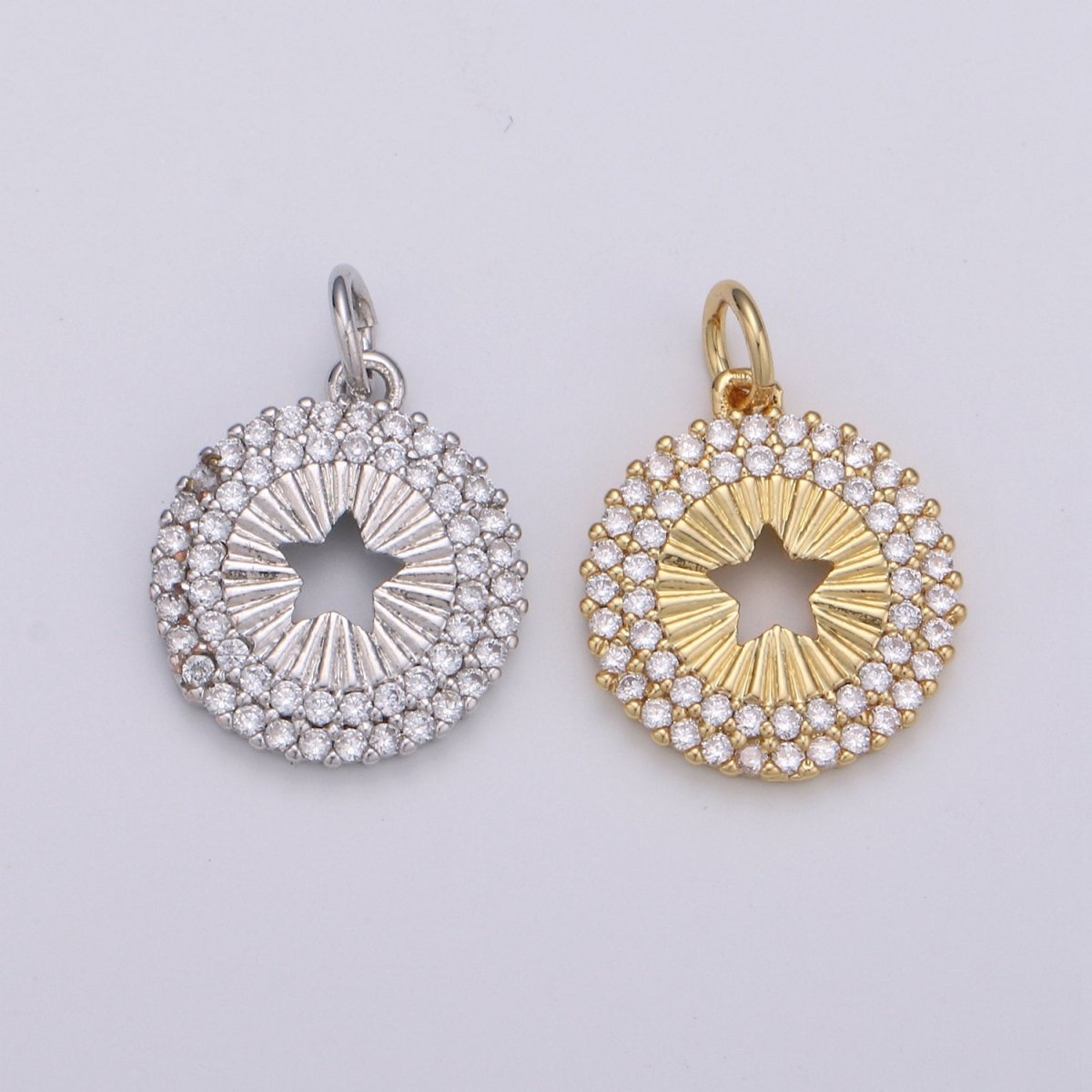 14mm 24K Gold and Silver Round Star Charm - Round Star Charm, Micro Pave Star Charm, Twinkle Star Charm, 24k Gold Filled Charm D-576 D-577