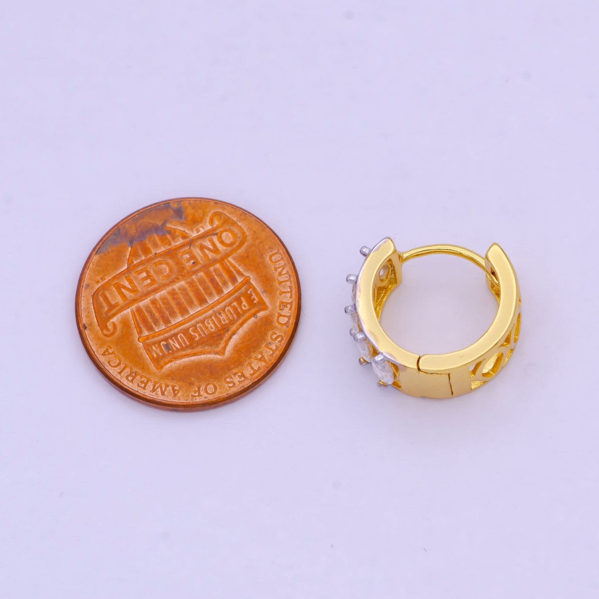 14mm Gold Marquise Cubic Zirconia Mixed Metal Cartilage Huggie Earrings | T-139 - DLUXCA