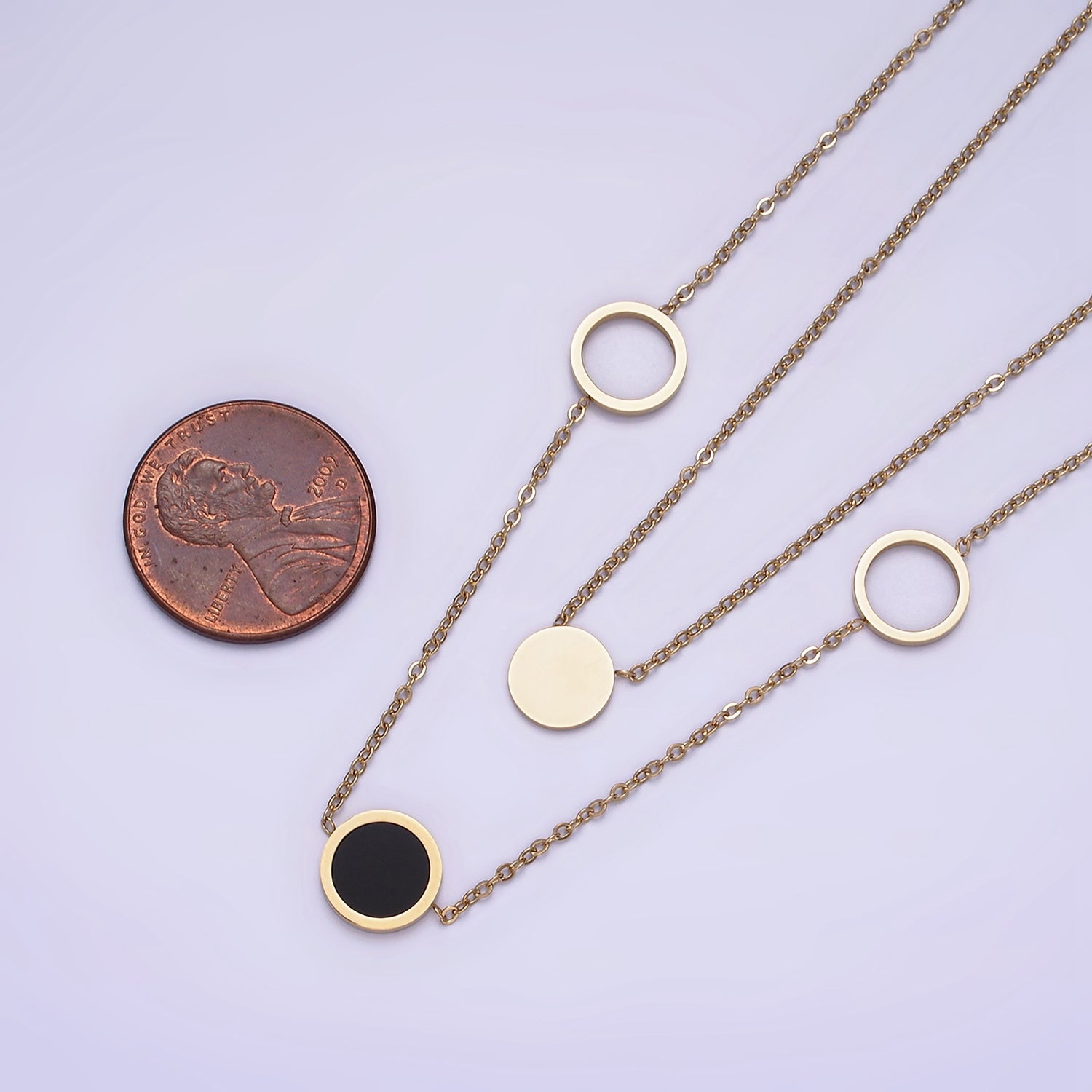 Stainless Steel Multiple Round Circle Open Disc Cable Double Layer Stack Necklace | WA-2054 - DLUXCA