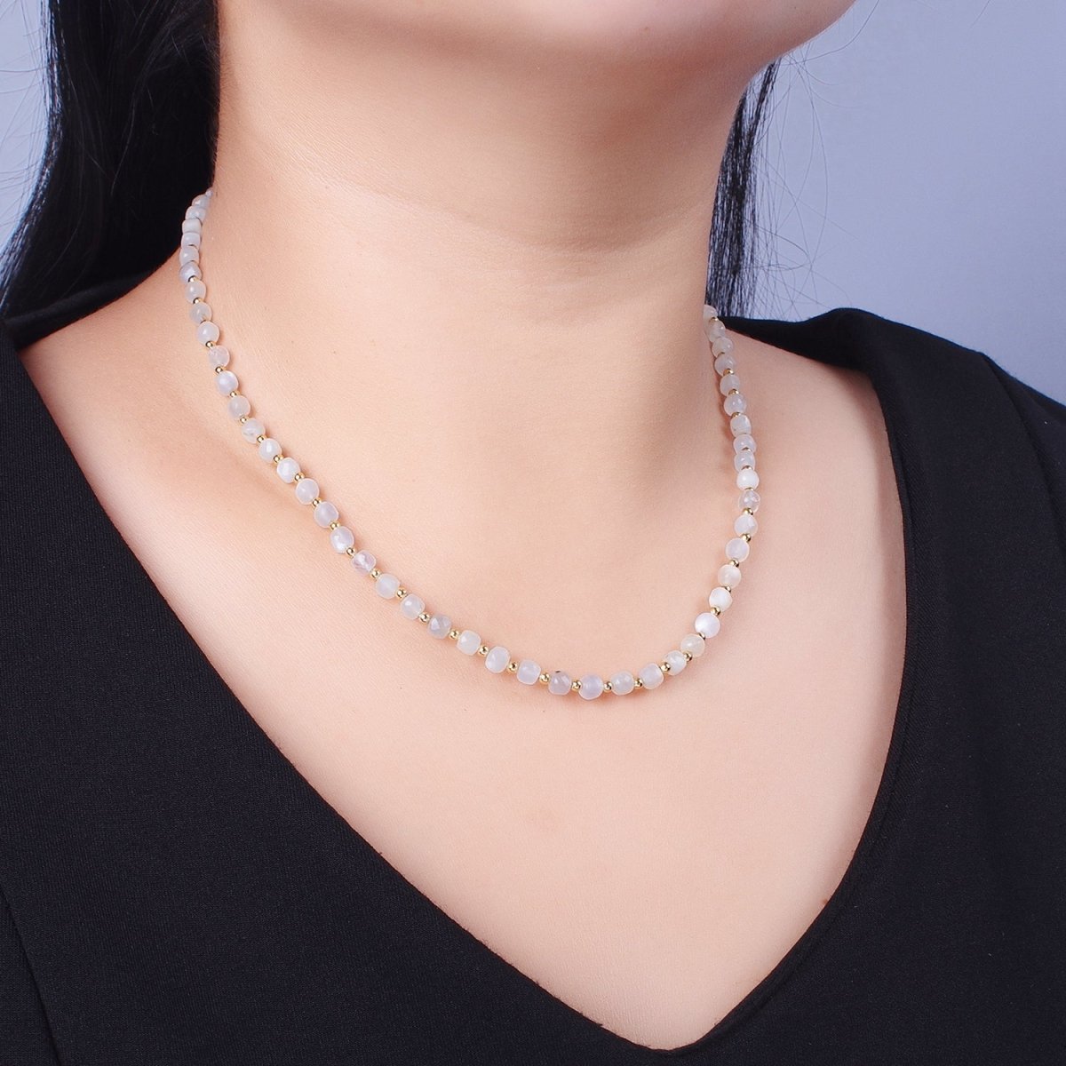 15.5 Inch Natural Grey-White Moonstone Multi Faceted Cube Gemstone w. Gold Bead Choker Necklace | WA-1424 Clearance Pricing - DLUXCA