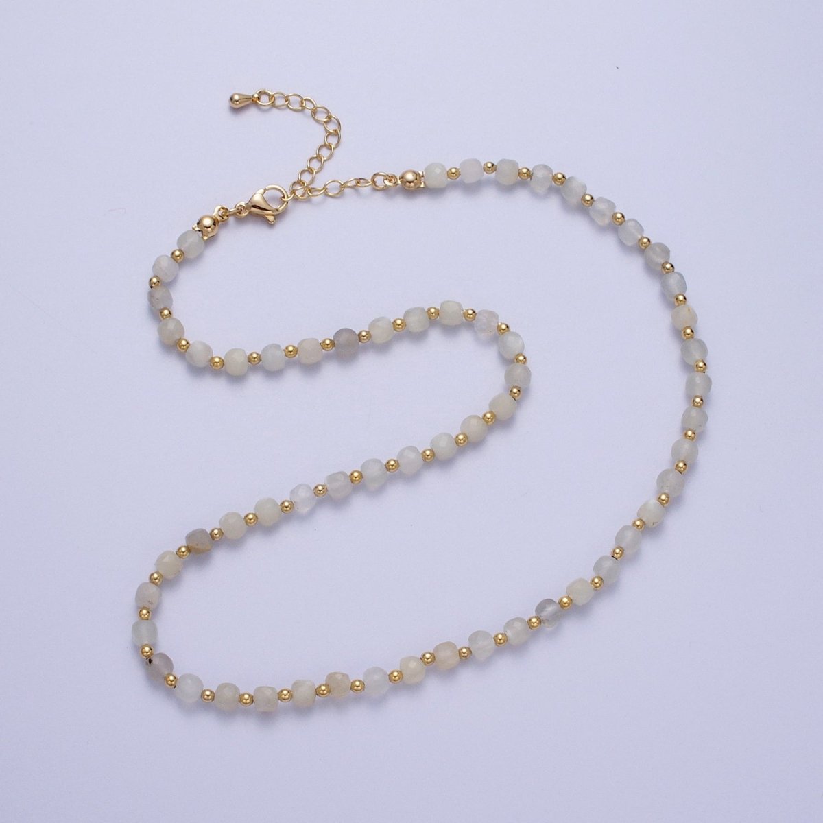 15.5 Inch Natural Grey-White Moonstone Multi Faceted Cube Gemstone w. Gold Bead Choker Necklace | WA-1424 Clearance Pricing - DLUXCA