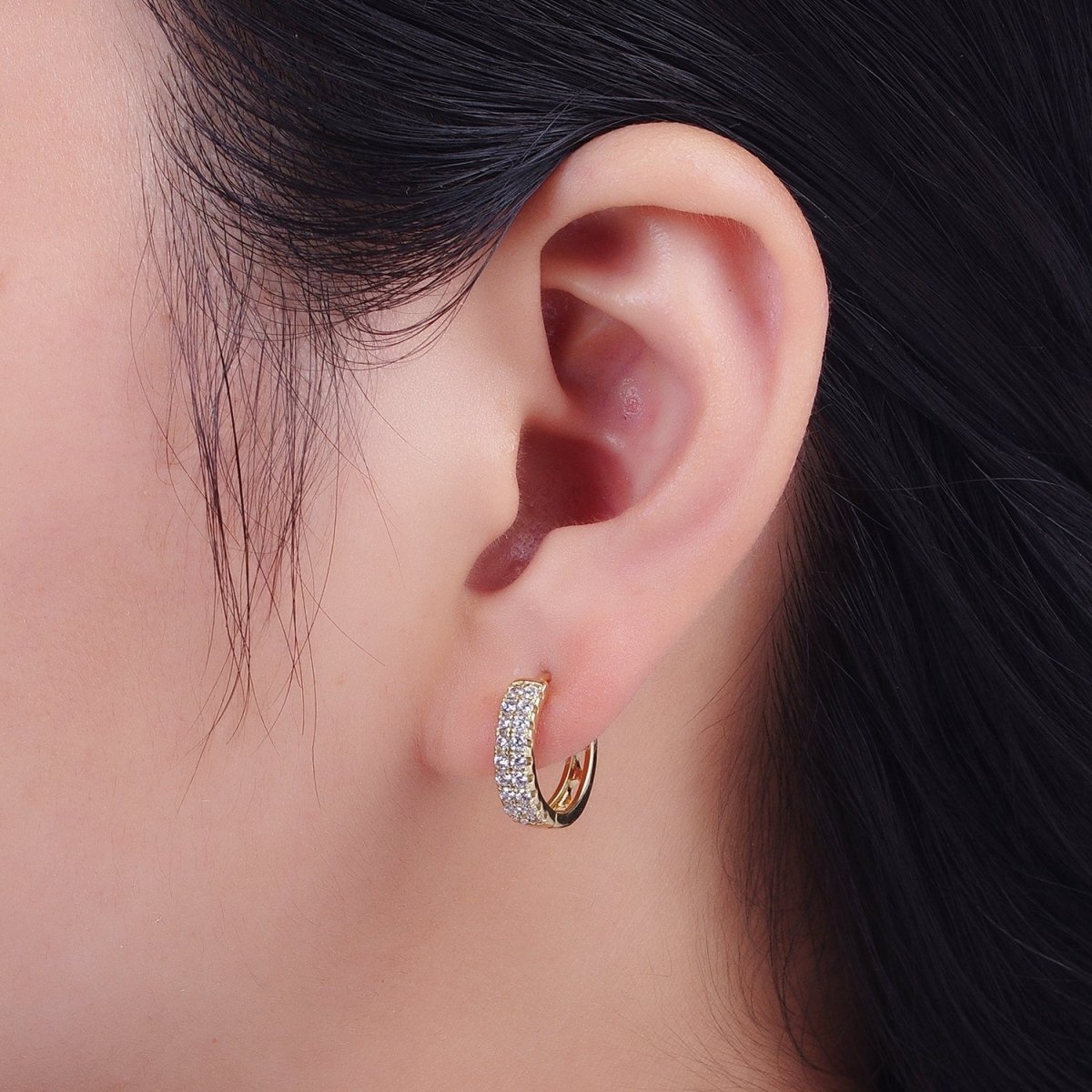 15.5mm Double Micro Paved CZ Huggie Hoop Cartilage Earrings in Gold & Silver | AD-050 AD-052