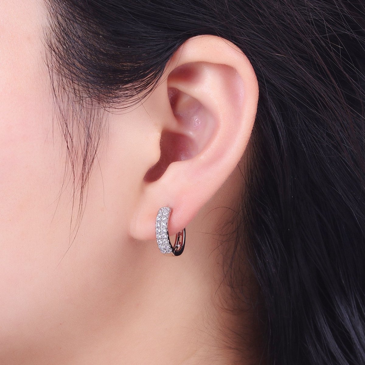 15.5mm Micro Paved CZ Silver Huggie Earrings | AB030 - DLUXCA