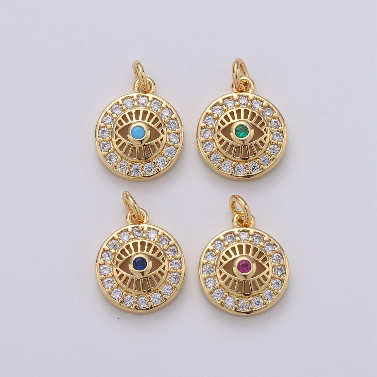 15x10mm 24k Gold Filled Evil Eye, Micro Pave Evil Eye Charm, Turquoise Cubic Charms, CZ Gold Evil Eye Beads, Pink Green Blue Charms, D-485 - D-488
