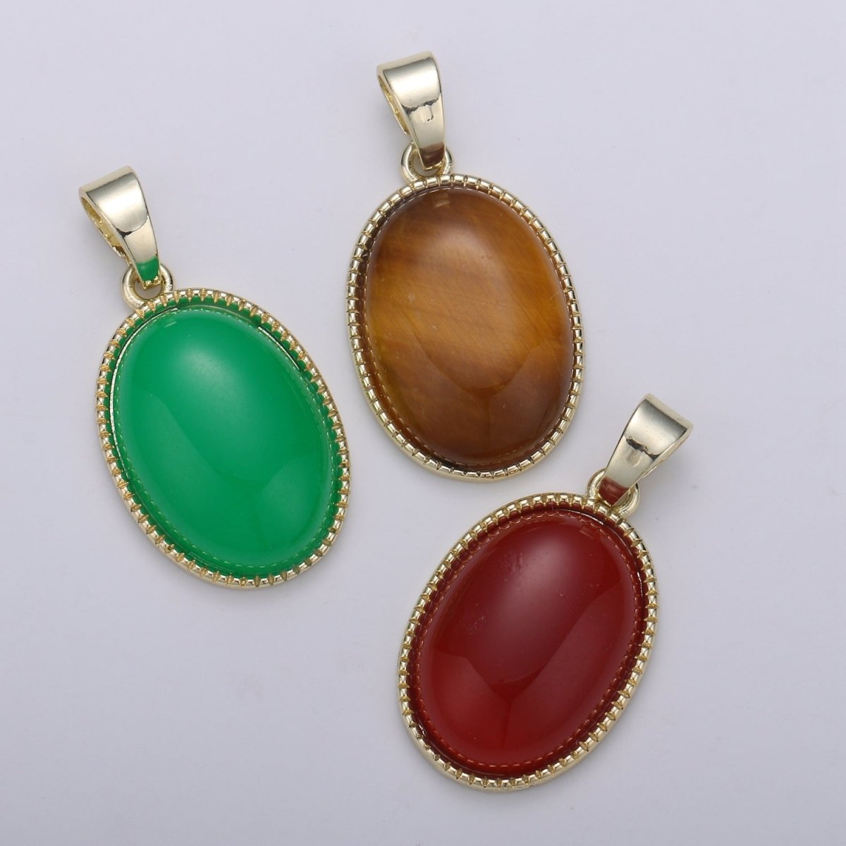 15x29mm 14k Gold Filled Oval Charm, Tiger eye, Marroon, Green Jade Oval Pendant, Natural Stone Charms, Vintage Jewelry Supply J-156 - J-158