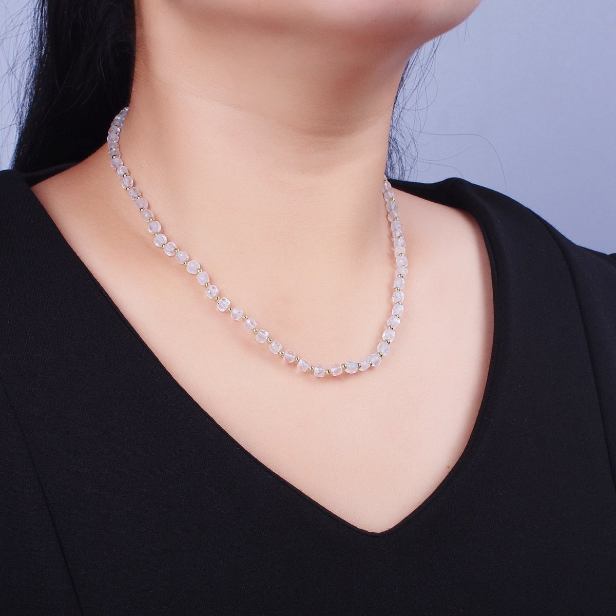 16 Inch Natural Light Blue Aquamarine Multi Faceted Cube Gemstone w. Gold Bead Choker Necklace | WA-1447 Clearance Pricing - DLUXCA