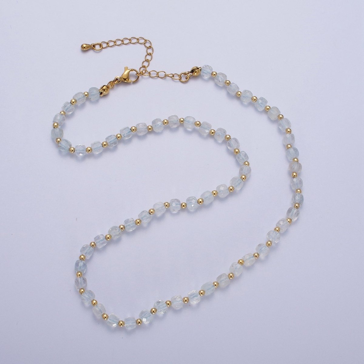 16 Inch Natural Light Blue Aquamarine Multi Faceted Cube Gemstone w. Gold Bead Choker Necklace | WA-1447 Clearance Pricing - DLUXCA