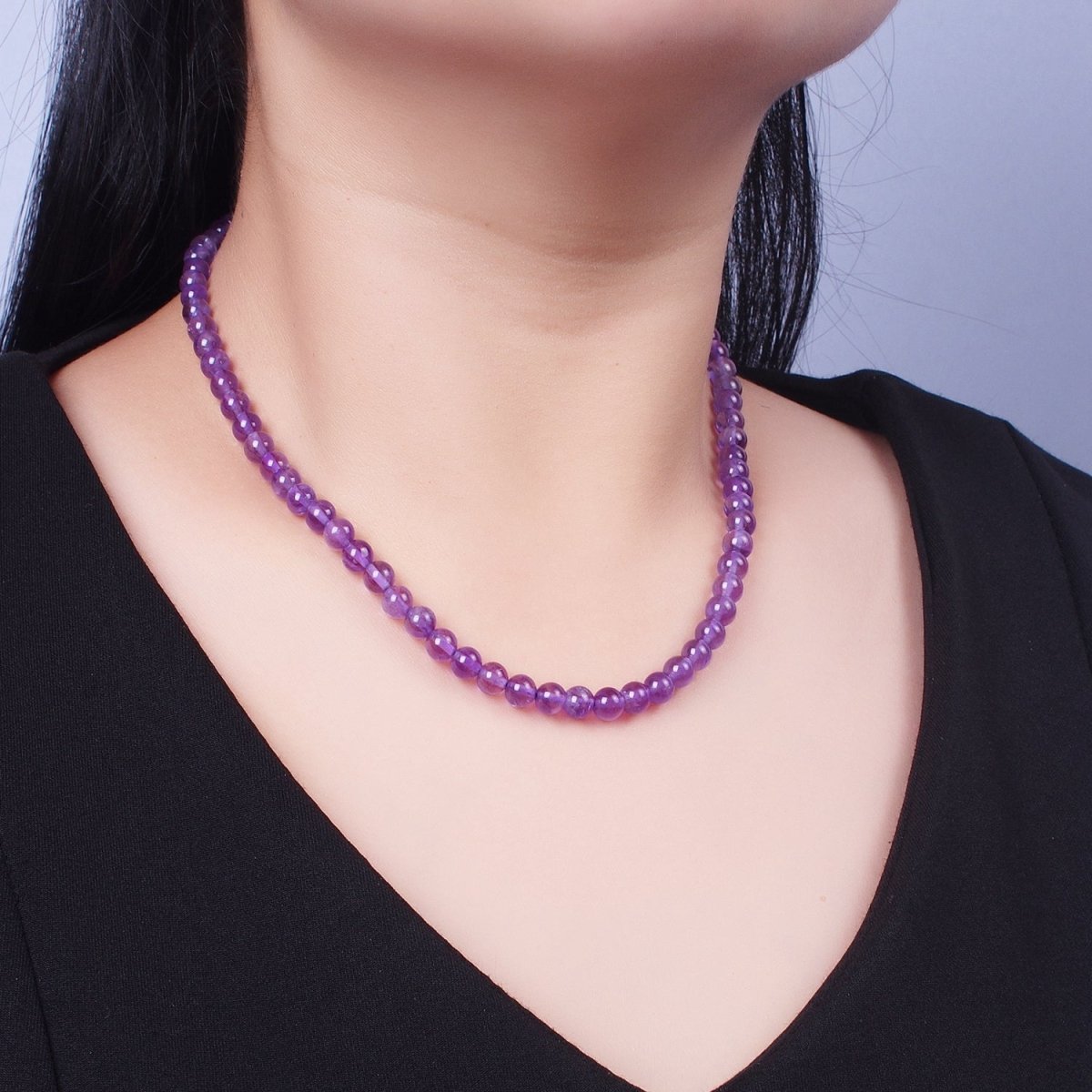 16 Inch Round Dark / Light Purple Amethyst 6.7mm Gemstone Choker Necklace | WA-1182 WA-1183 Clearance Pricing