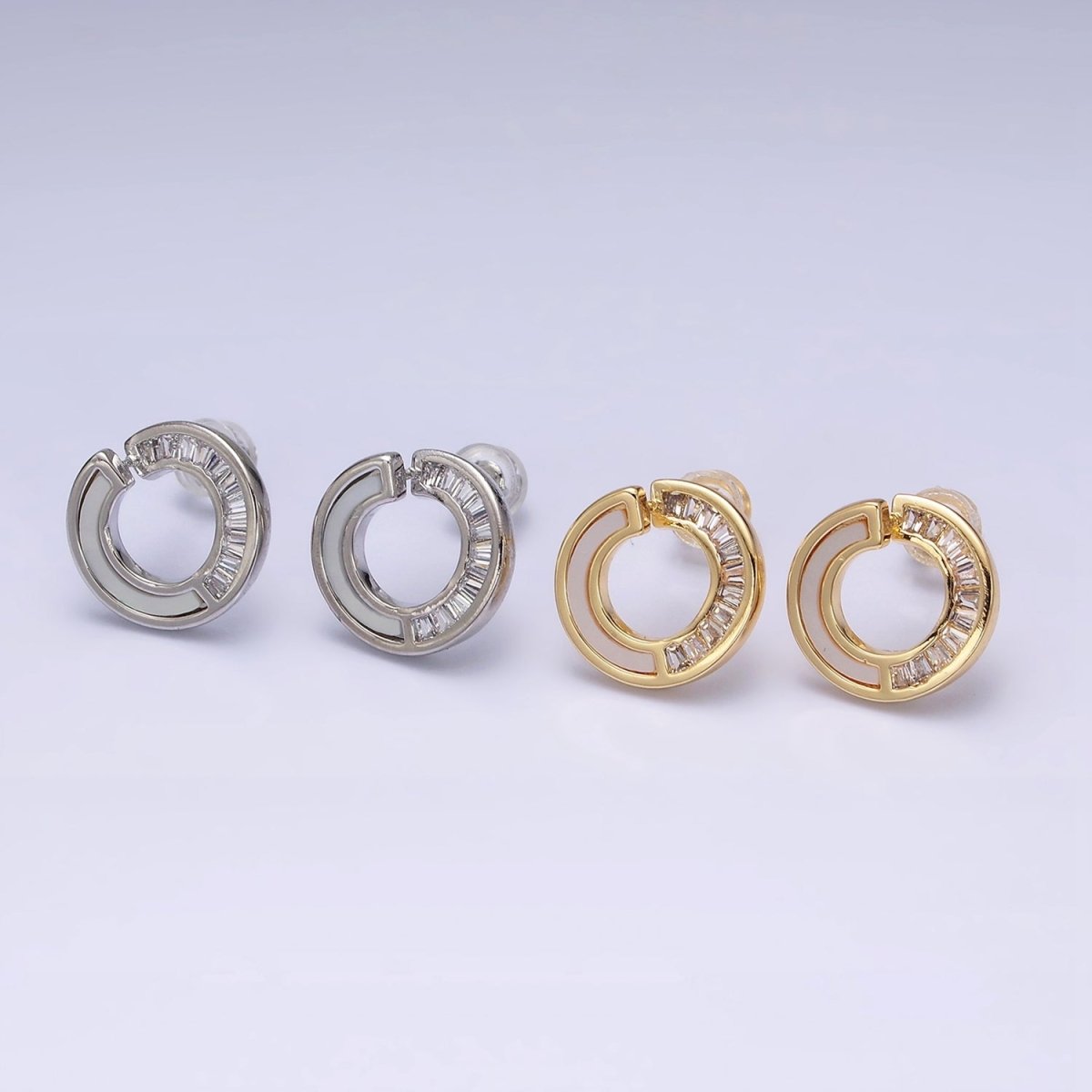 16K Gold Filled 14mm Open Round Circular Shell Pearl Baguette Lined Stud Earrings in Gold & Silver | AD-373 AD-374