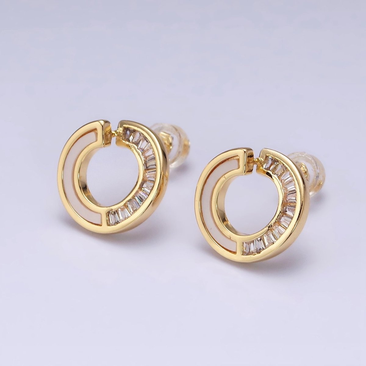 16K Gold Filled 14mm Open Round Circular Shell Pearl Baguette Lined Stud Earrings in Gold & Silver | AD-373 AD-374