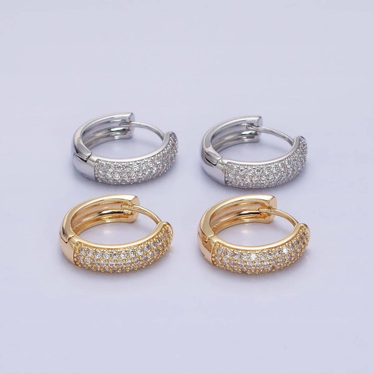 16K Gold Filled 15mm Clear Micro Paved CZ Huggie Earrings in Gold & Silver | AD1306 AD1307