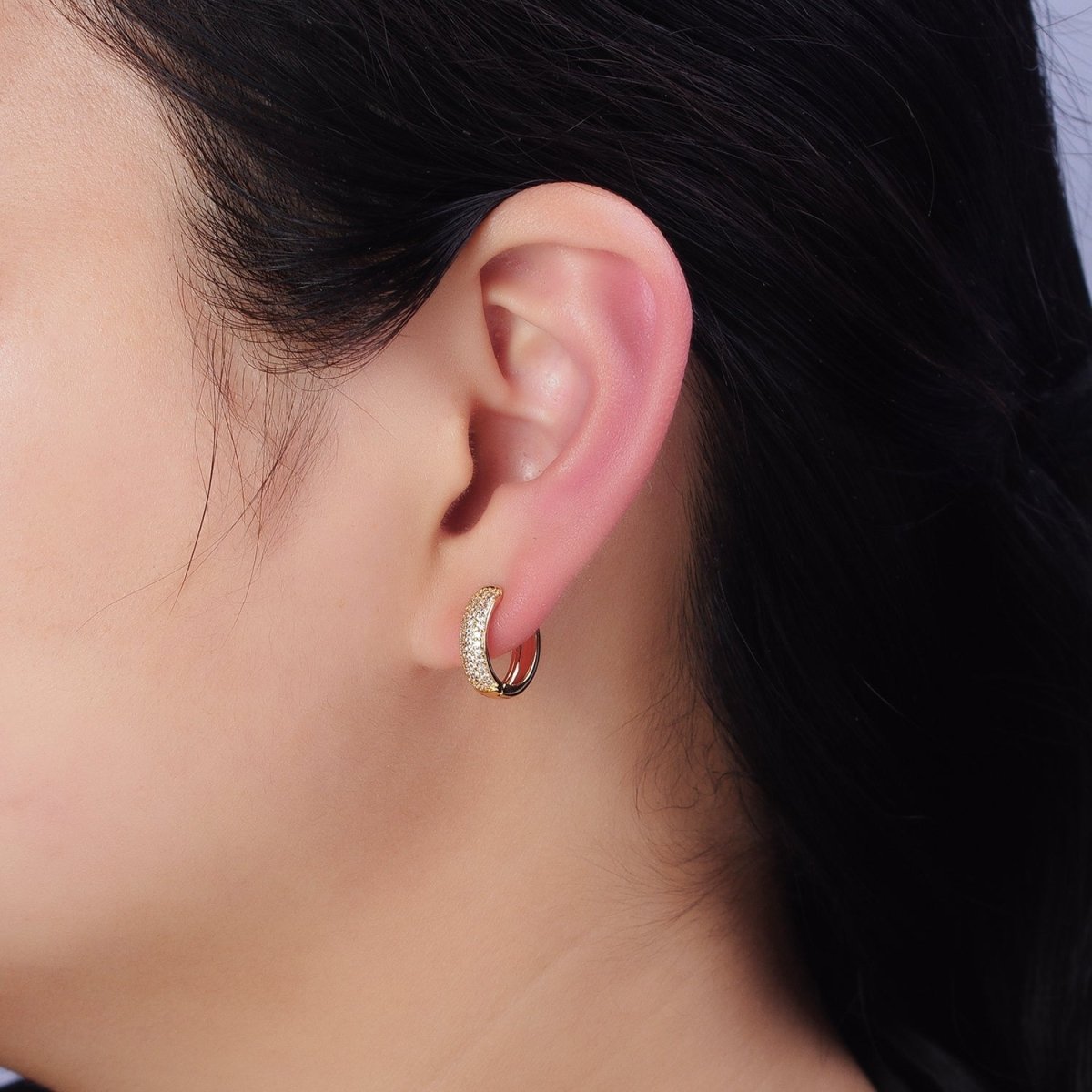 16K Gold Filled 15mm Clear Micro Paved CZ Huggie Earrings in Gold & Silver | AD1306 AD1307