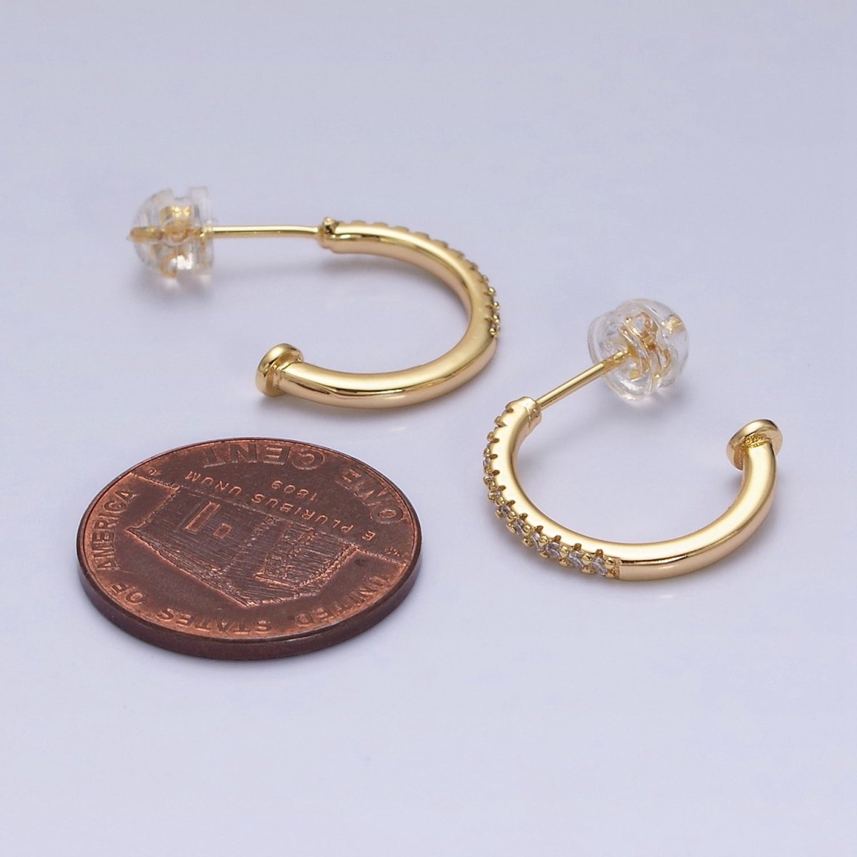 16K Gold Filled 15mm Half Micro Paved CZ Nail C-Shaped Hoop Earrings in Gold & Silver | AD1152 AD1154