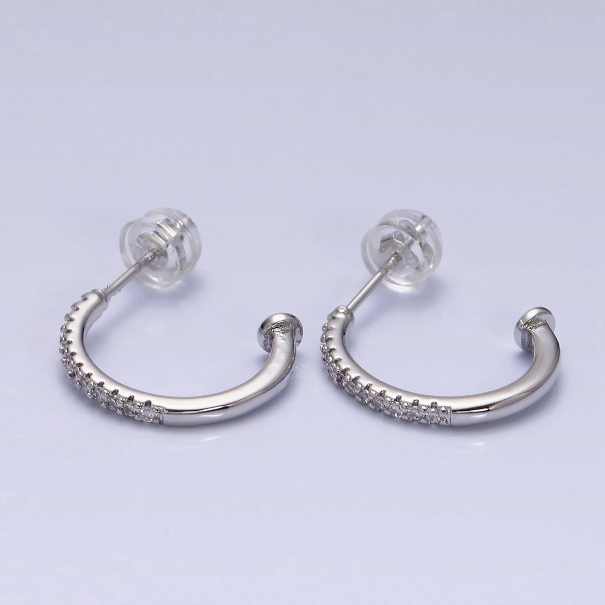 16K Gold Filled 15mm Half Micro Paved CZ Nail C-Shaped Hoop Earrings in Gold & Silver | AD1152 AD1154