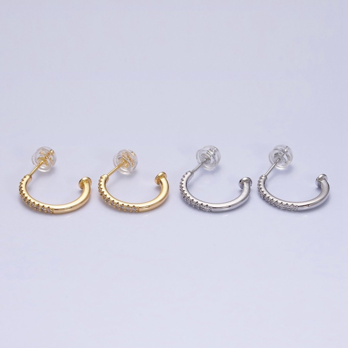 16K Gold Filled 15mm Half Micro Paved CZ Nail C-Shaped Hoop Earrings in Gold & Silver | AD1152 AD1154