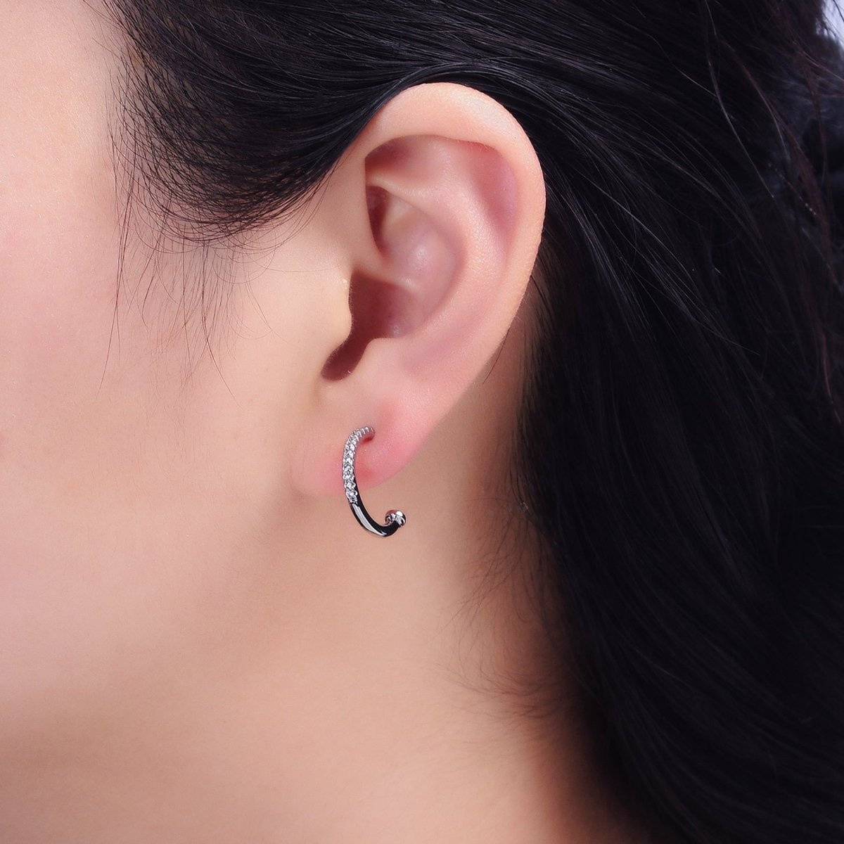 16K Gold Filled 15mm Half Micro Paved CZ Nail C-Shaped Hoop Earrings in Gold & Silver | AD1152 AD1154