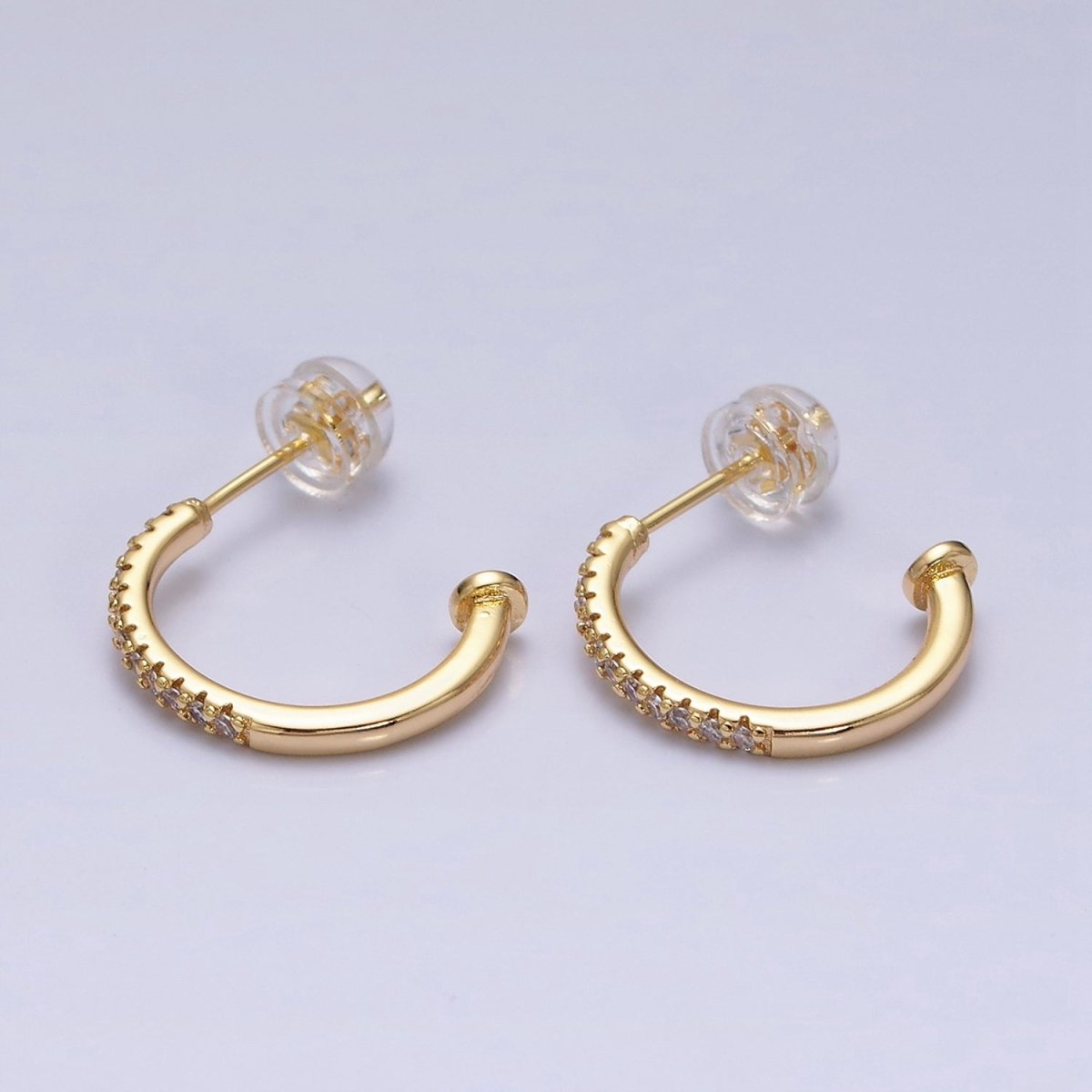 16K Gold Filled 15mm Half Micro Paved CZ Nail C-Shaped Hoop Earrings in Gold & Silver | AD1152 AD1154