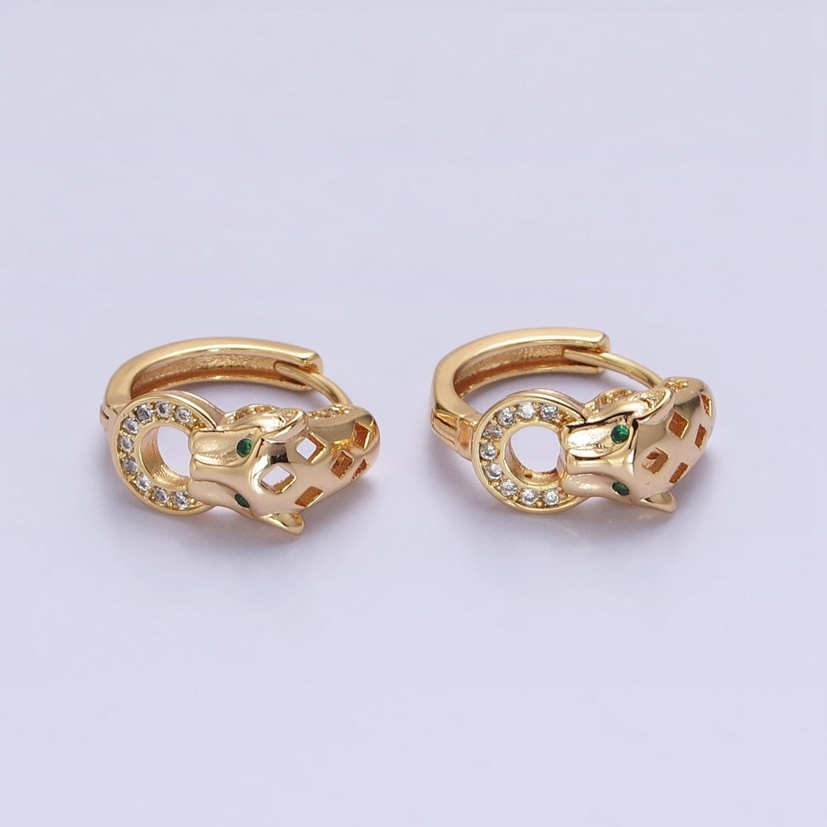 16K Gold Filled 16mm Green-Eyed Panther Leopard Filigree Micro Paved Round Huggie Earrings in Silver & Gold | AB647 AB920